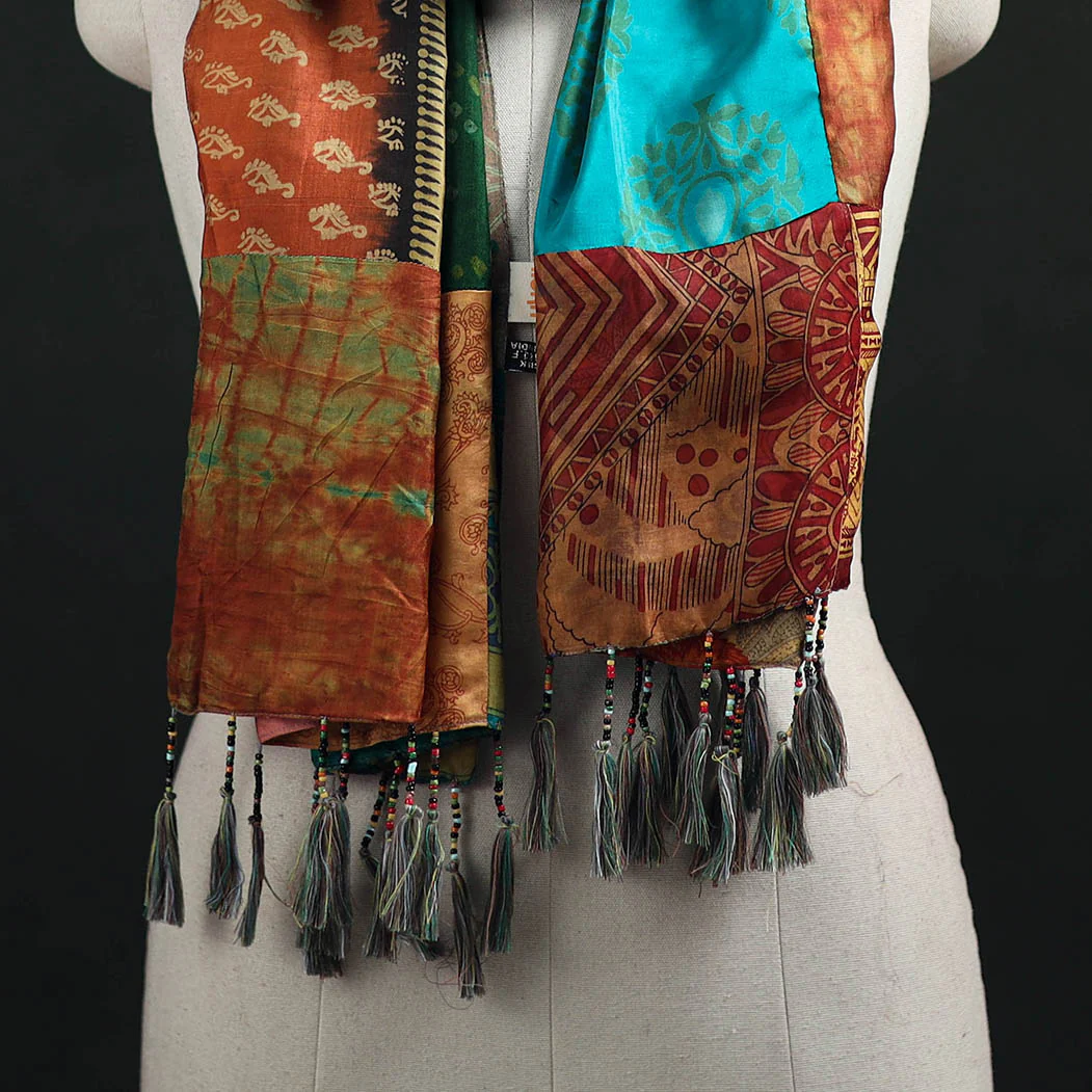 Multicolor - Pure Silk Reversible Patchwork Stole with Tassels 14 - Image 2