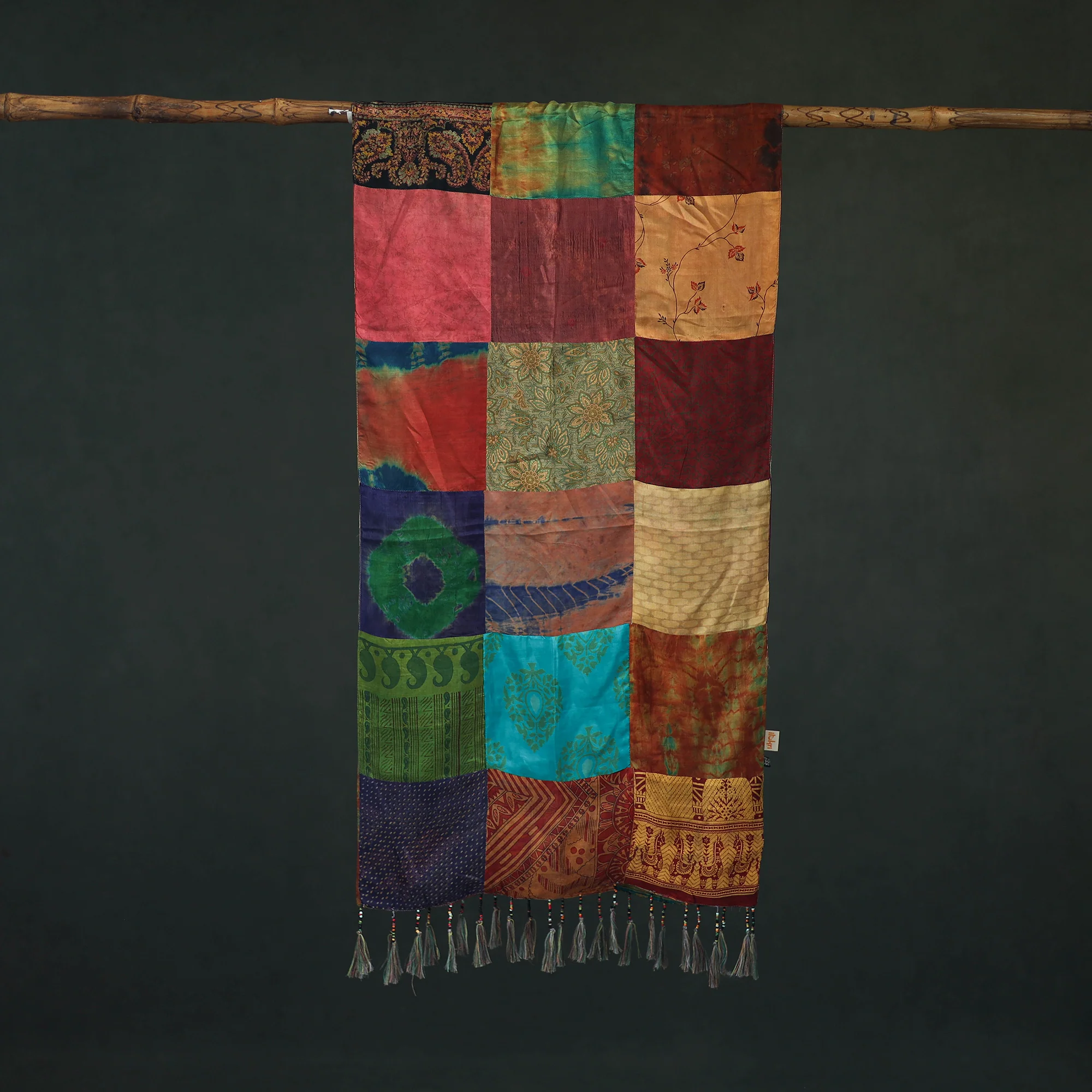 Multicolor - Pure Silk Reversible Patchwork Stole with Tassels 14 - Image 3
