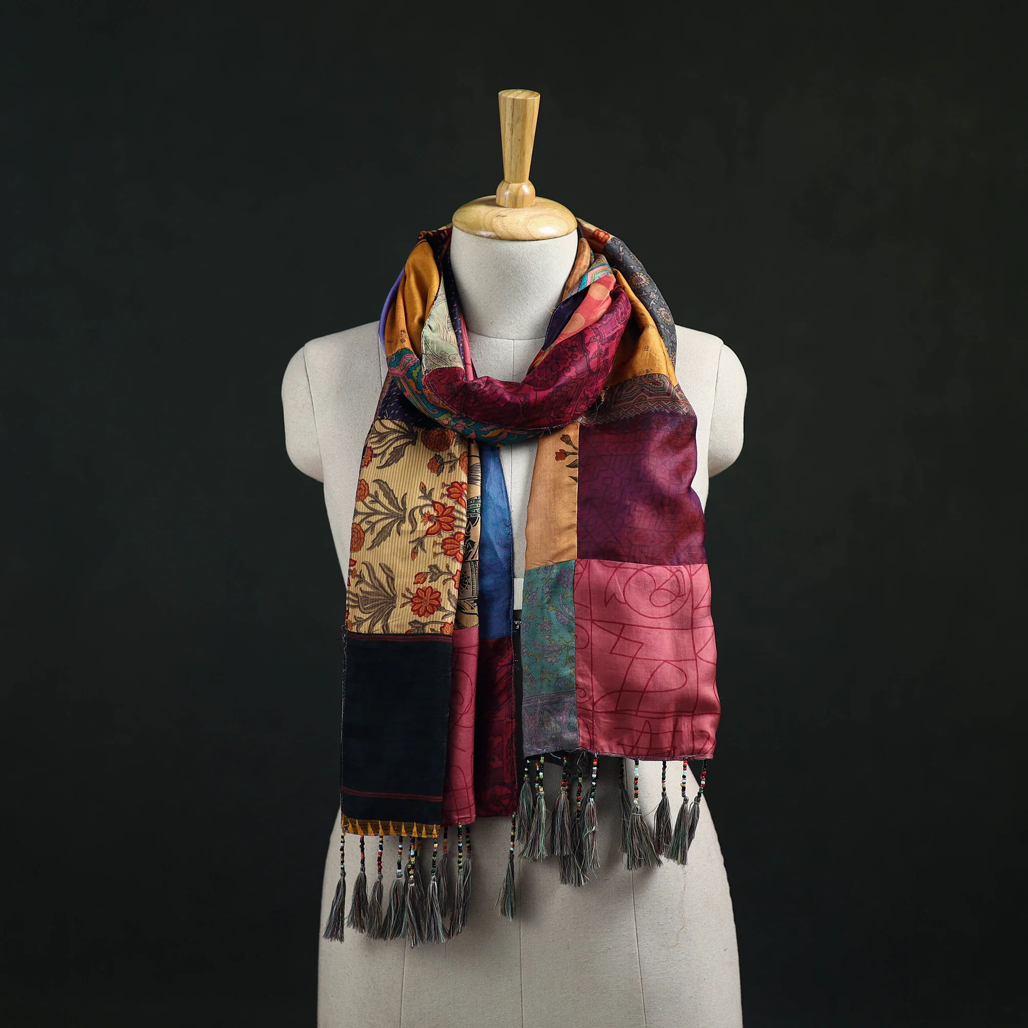 Multicolor - Pure Silk Reversible Patchwork Stole with Tassels 15
