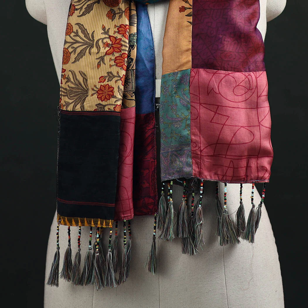 Multicolor - Pure Silk Reversible Patchwork Stole with Tassels 15 - Image 2