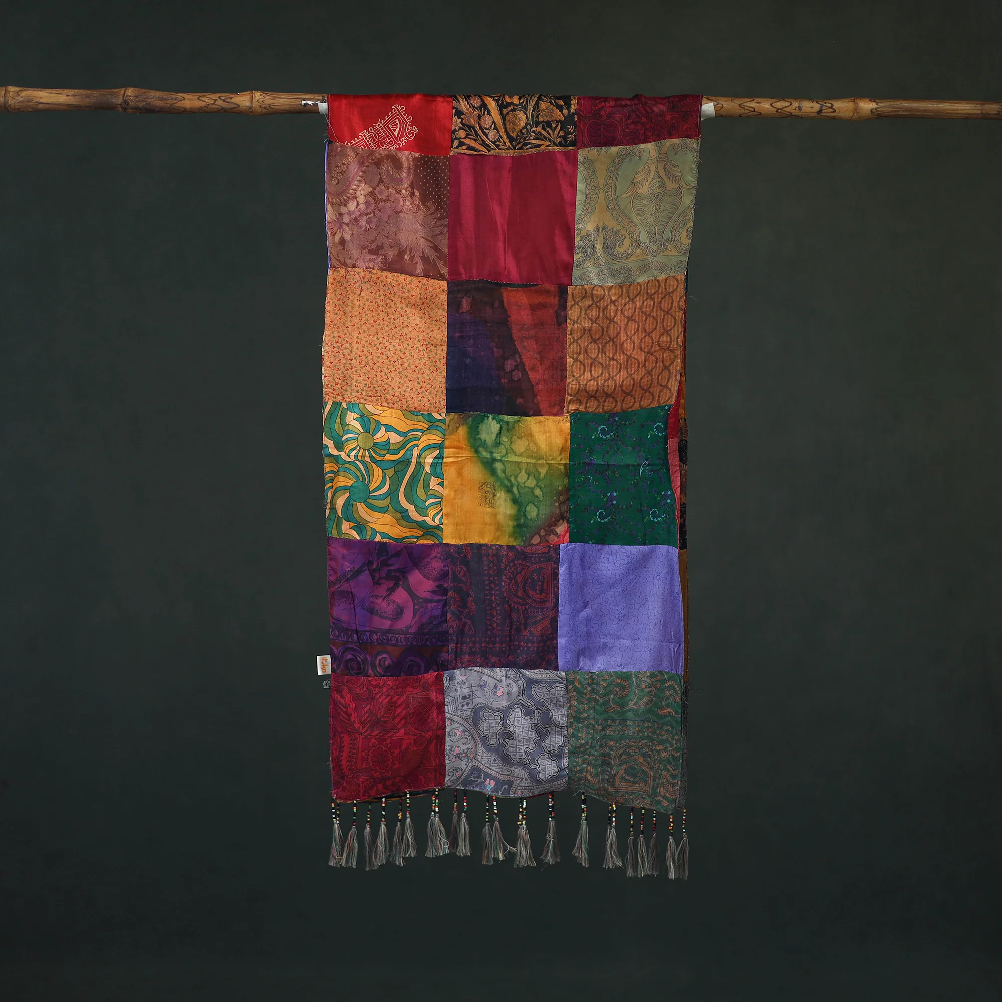 Multicolor - Pure Silk Reversible Patchwork Stole with Tassels 15 - Image 3