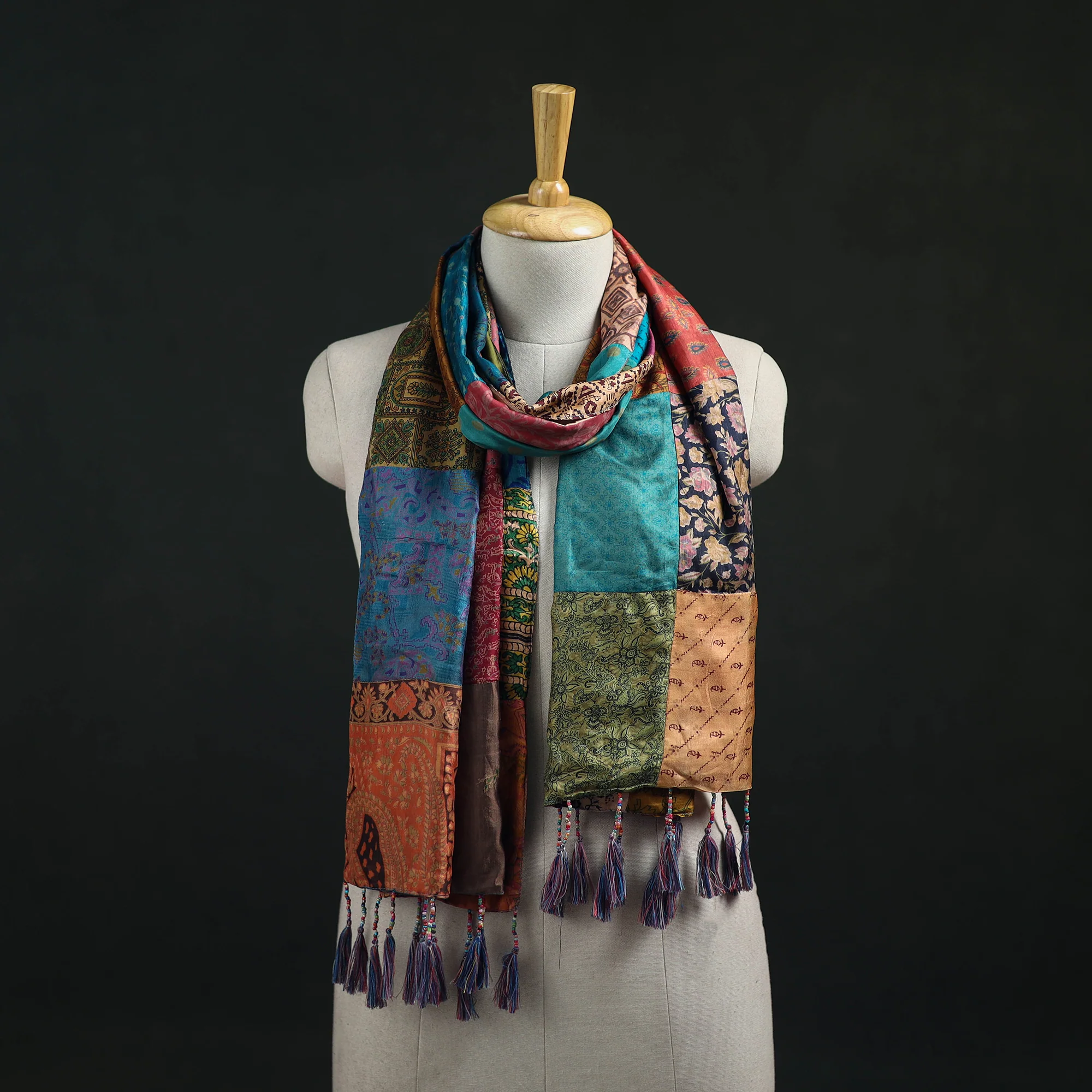 Multicolor - Pure Silk Reversible Patchwork Stole with Tassels 16