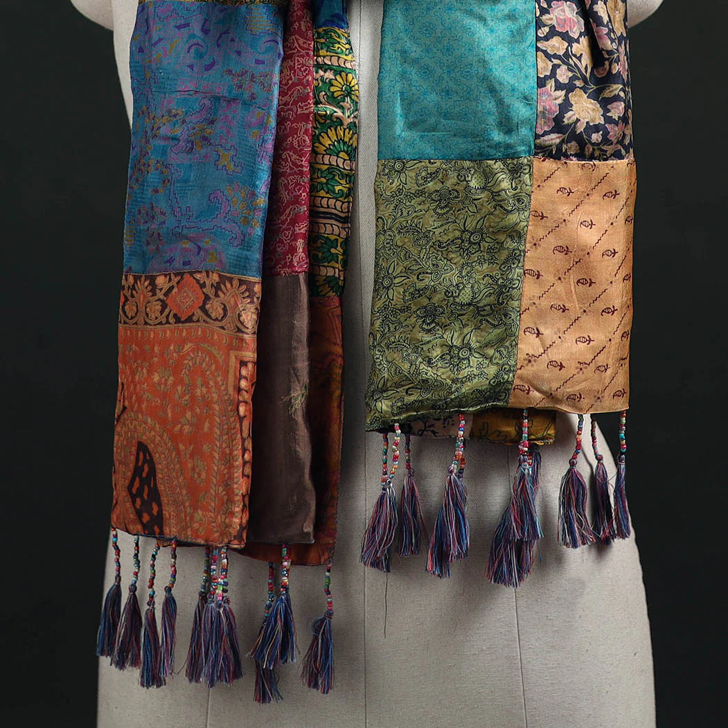 Multicolor - Pure Silk Reversible Patchwork Stole with Tassels 16 - Image 2