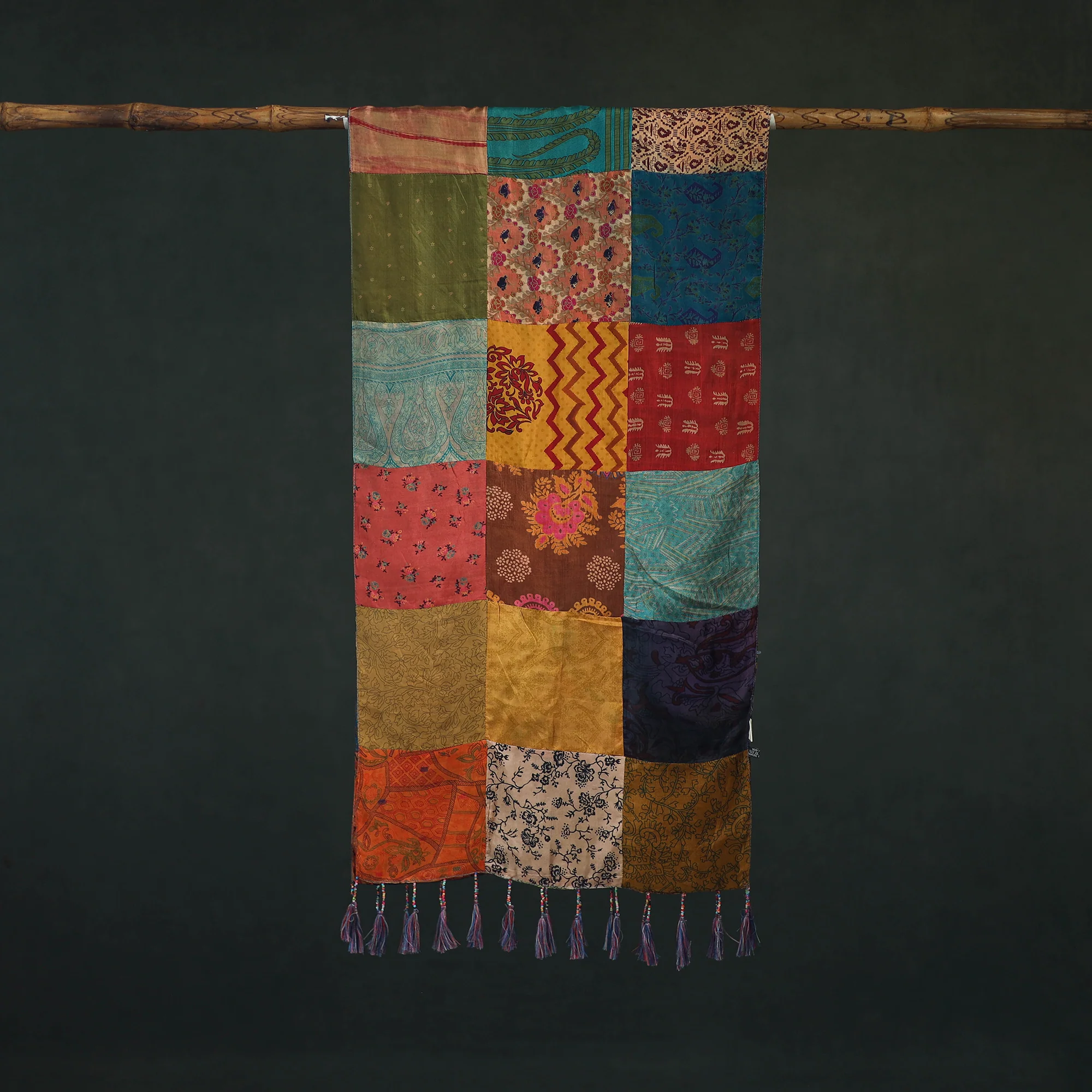 Multicolor - Pure Silk Reversible Patchwork Stole with Tassels 16 - Image 3