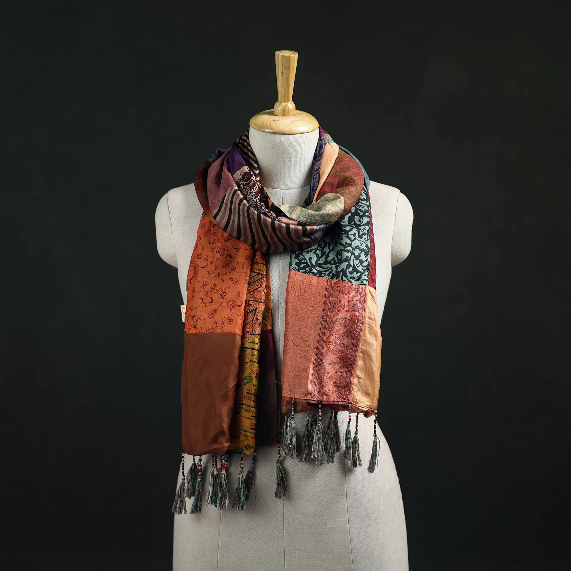 Multicolor - Pure Silk Reversible Patchwork Stole with Tassels 17