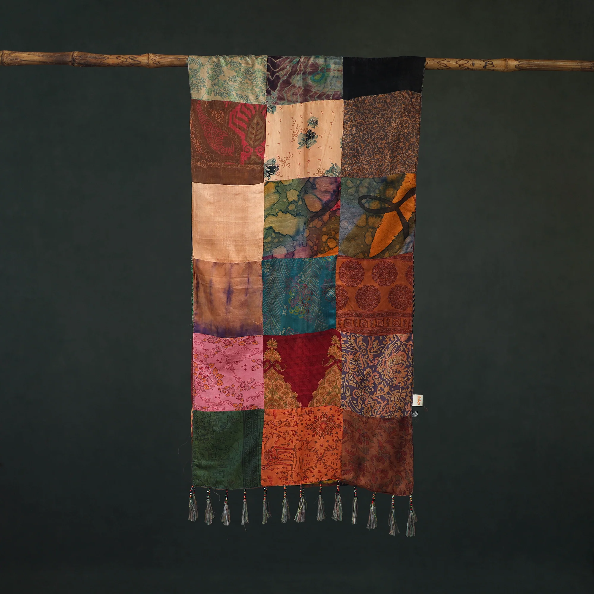 Multicolor - Pure Silk Reversible Patchwork Stole with Tassels 17 - Image 3