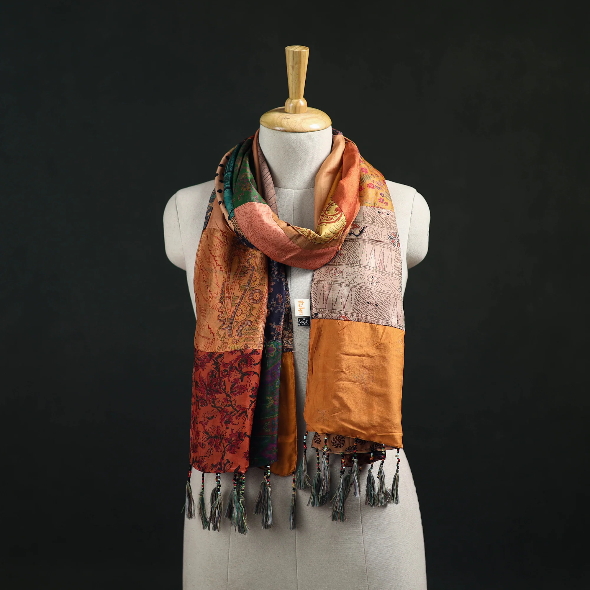 Multicolor - Pure Silk Reversible Patchwork Stole with Tassels 20