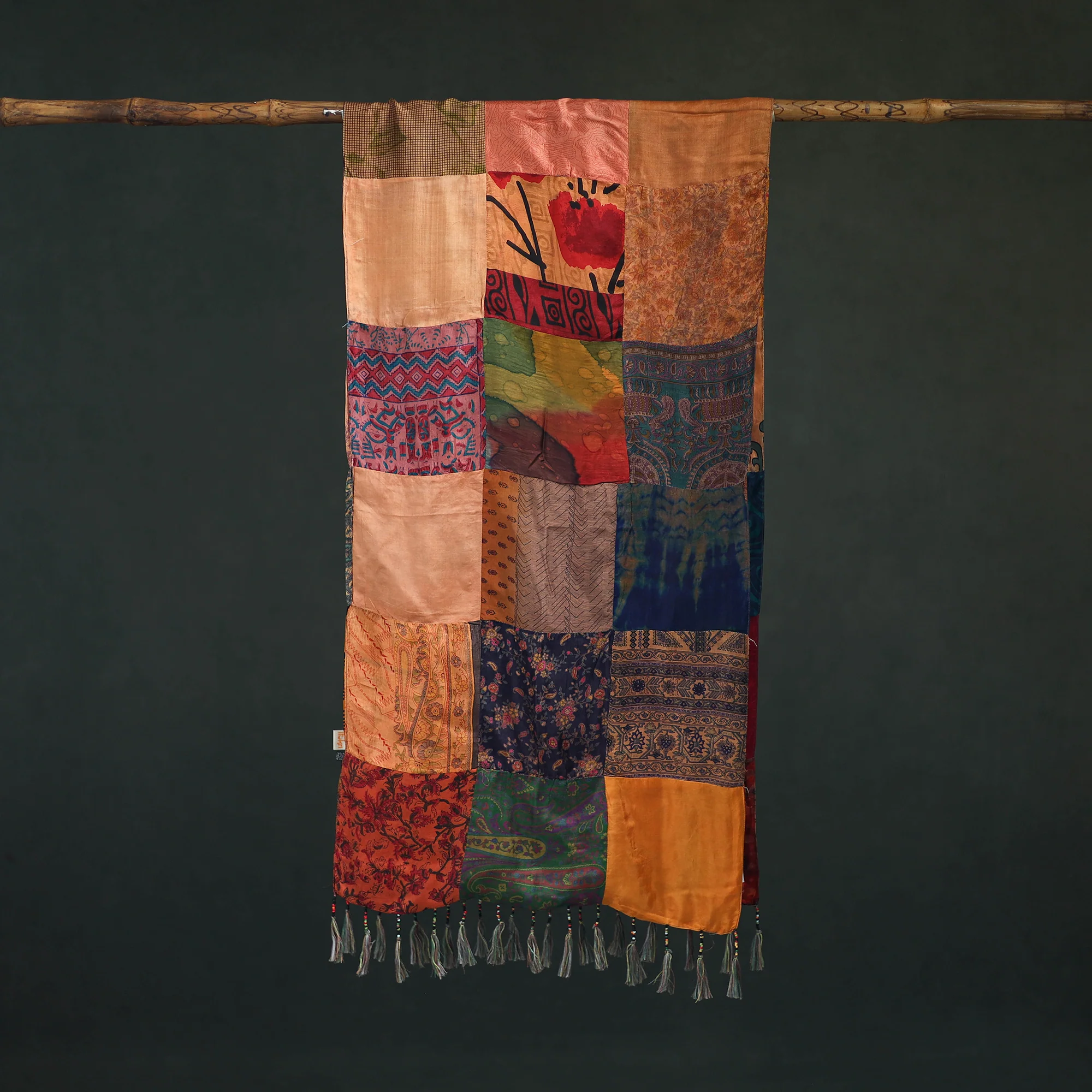 Multicolor - Pure Silk Reversible Patchwork Stole with Tassels 20 - Image 3
