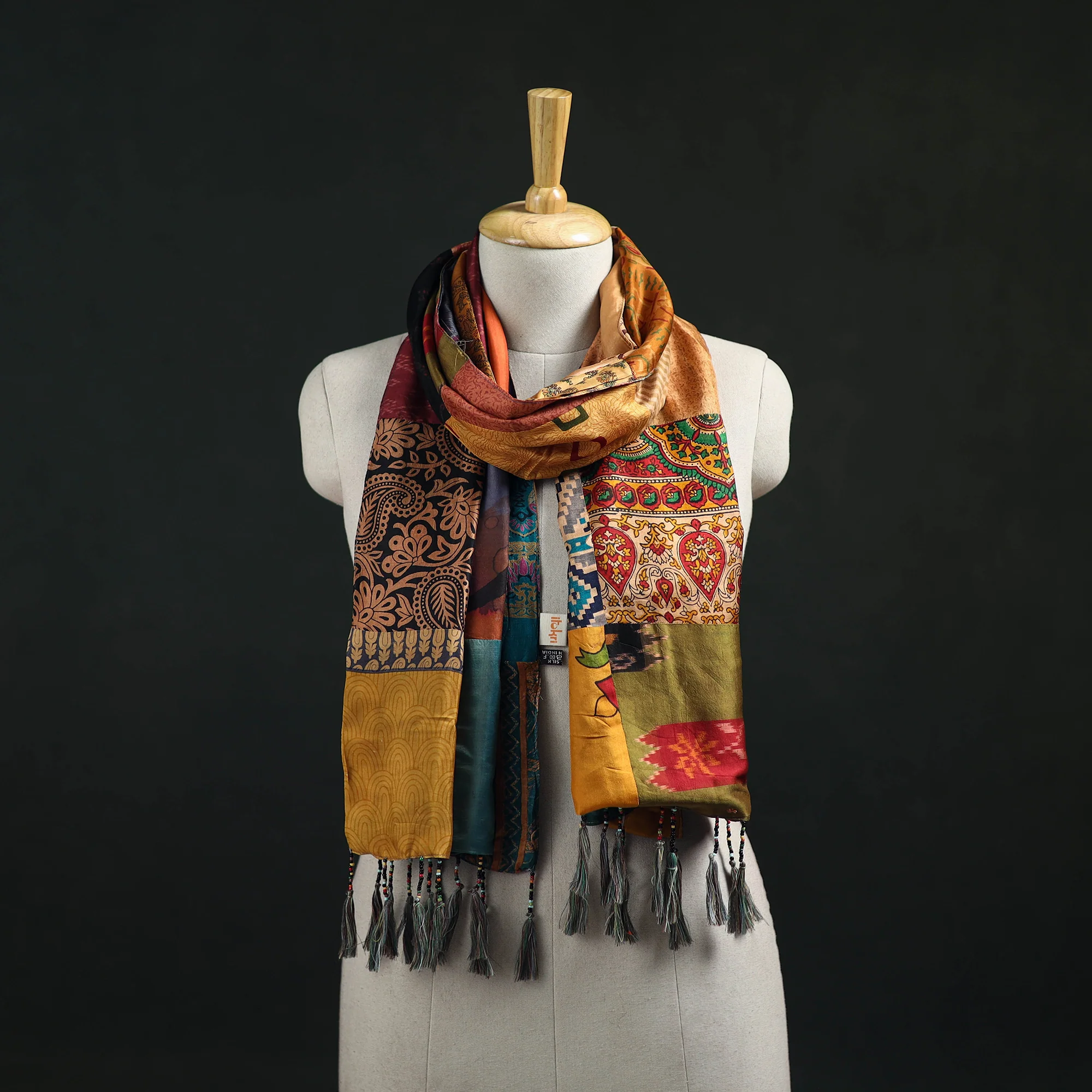 Multicolor - Pure Silk Reversible Patchwork Stole with Tassels 22