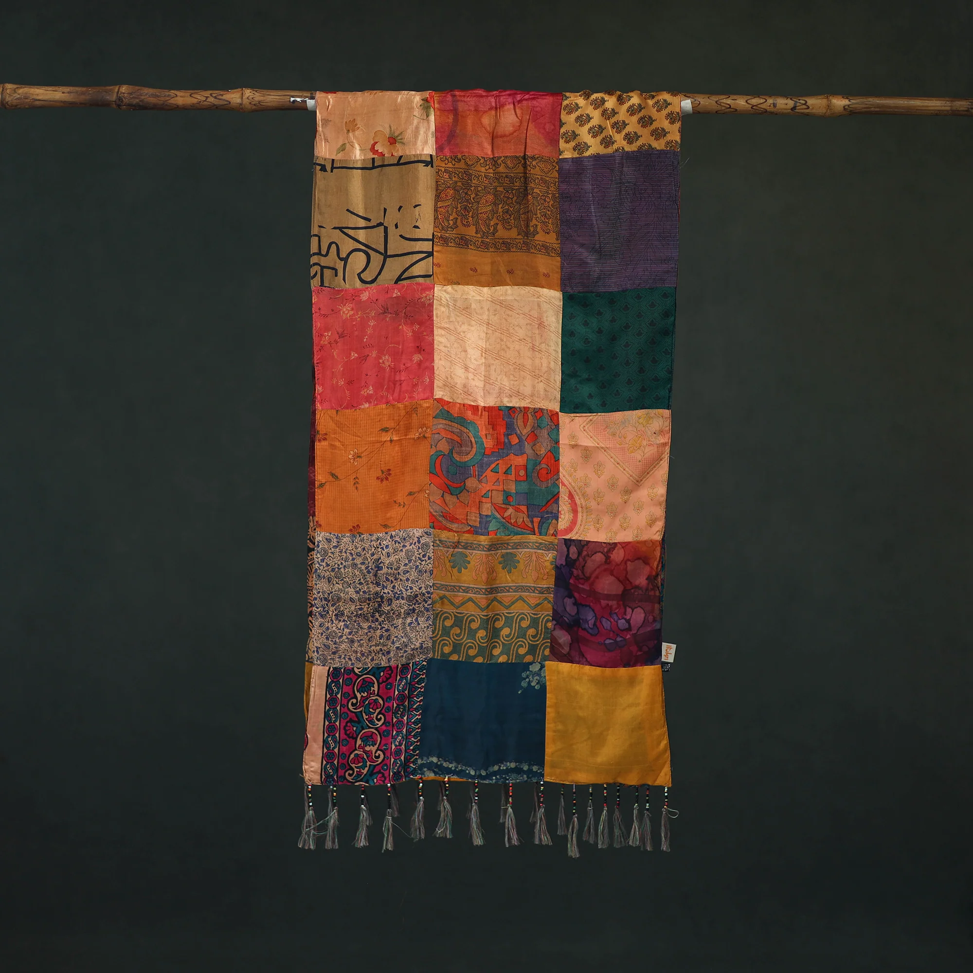 Multicolor - Pure Silk Reversible Patchwork Stole with Tassels 22 - Image 3