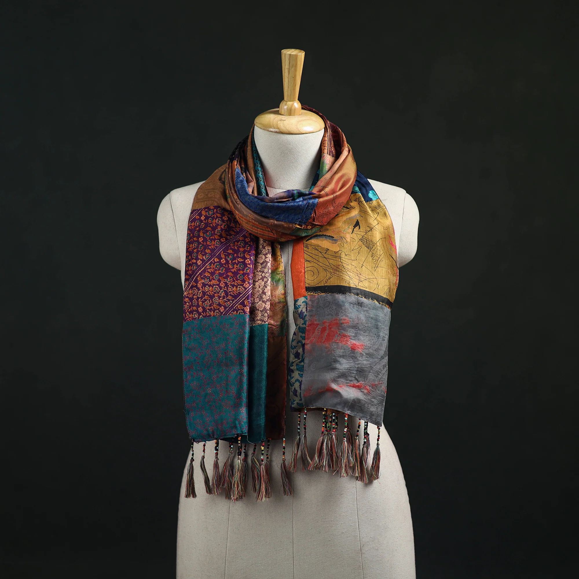 Multicolor - Pure Silk Reversible Patchwork Stole with Tassels 25