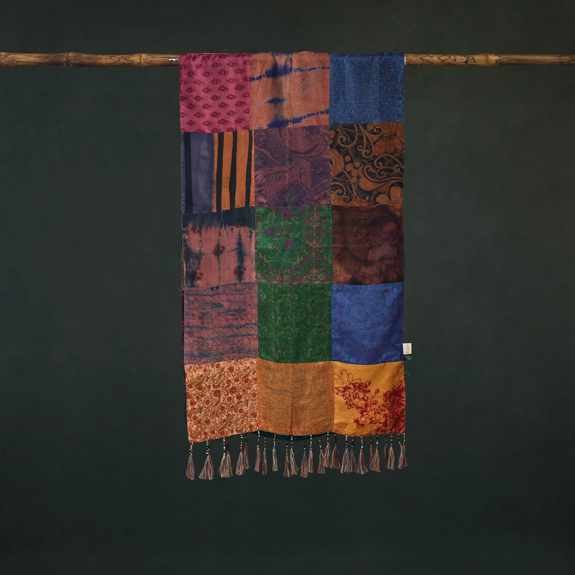 Multicolor - Pure Silk Reversible Patchwork Stole with Tassels 25 - Image 3