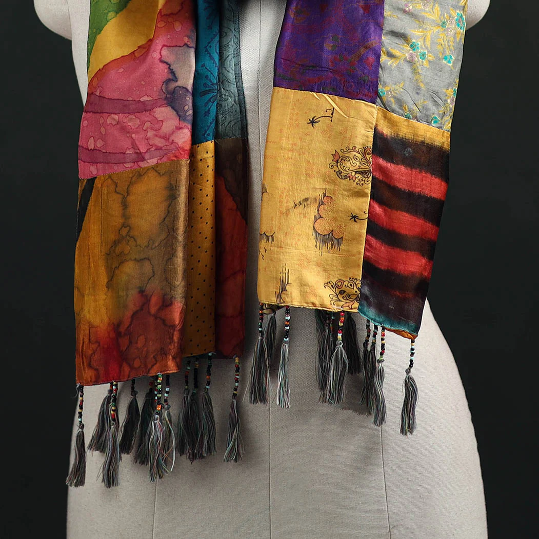 Multicolor - Pure Silk Reversible Patchwork Stole with Tassels 26 - Image 2