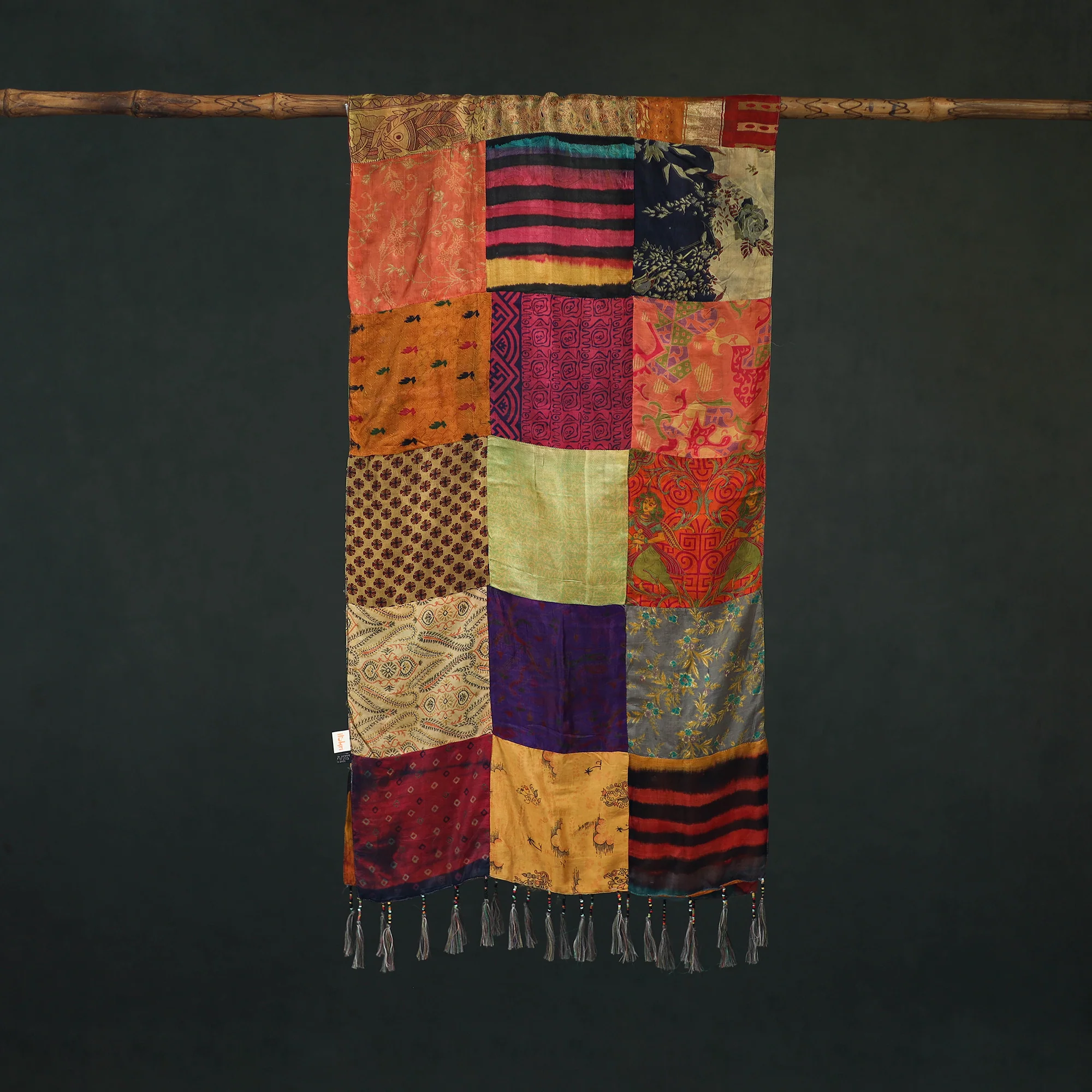 Multicolor - Pure Silk Reversible Patchwork Stole with Tassels 26 - Image 3