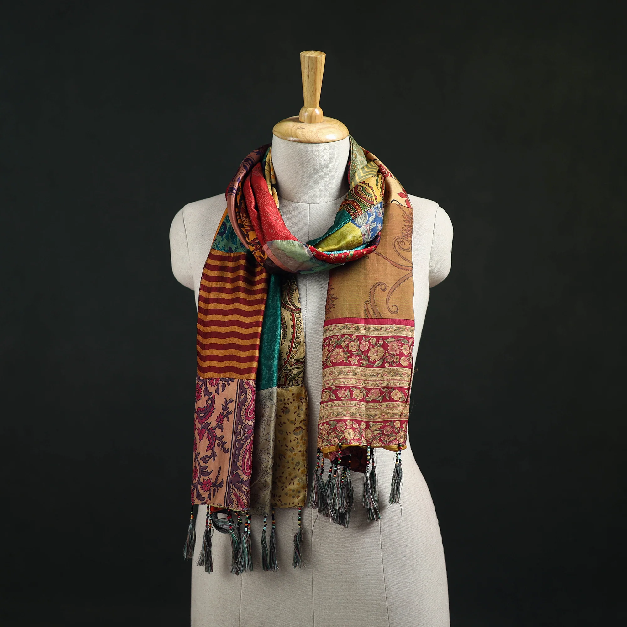 Multicolor - Pure Silk Reversible Patchwork Stole with Tassels 29