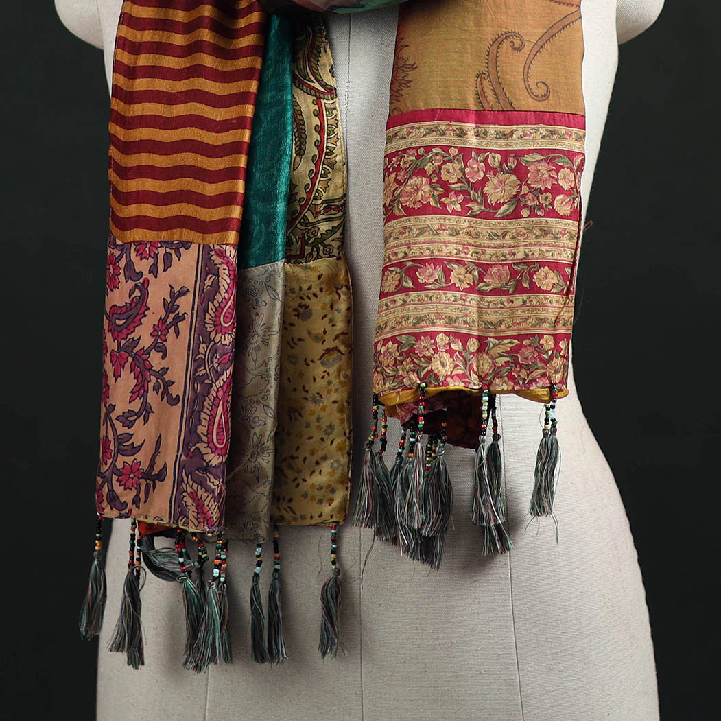 Multicolor - Pure Silk Reversible Patchwork Stole with Tassels 29 - Image 2