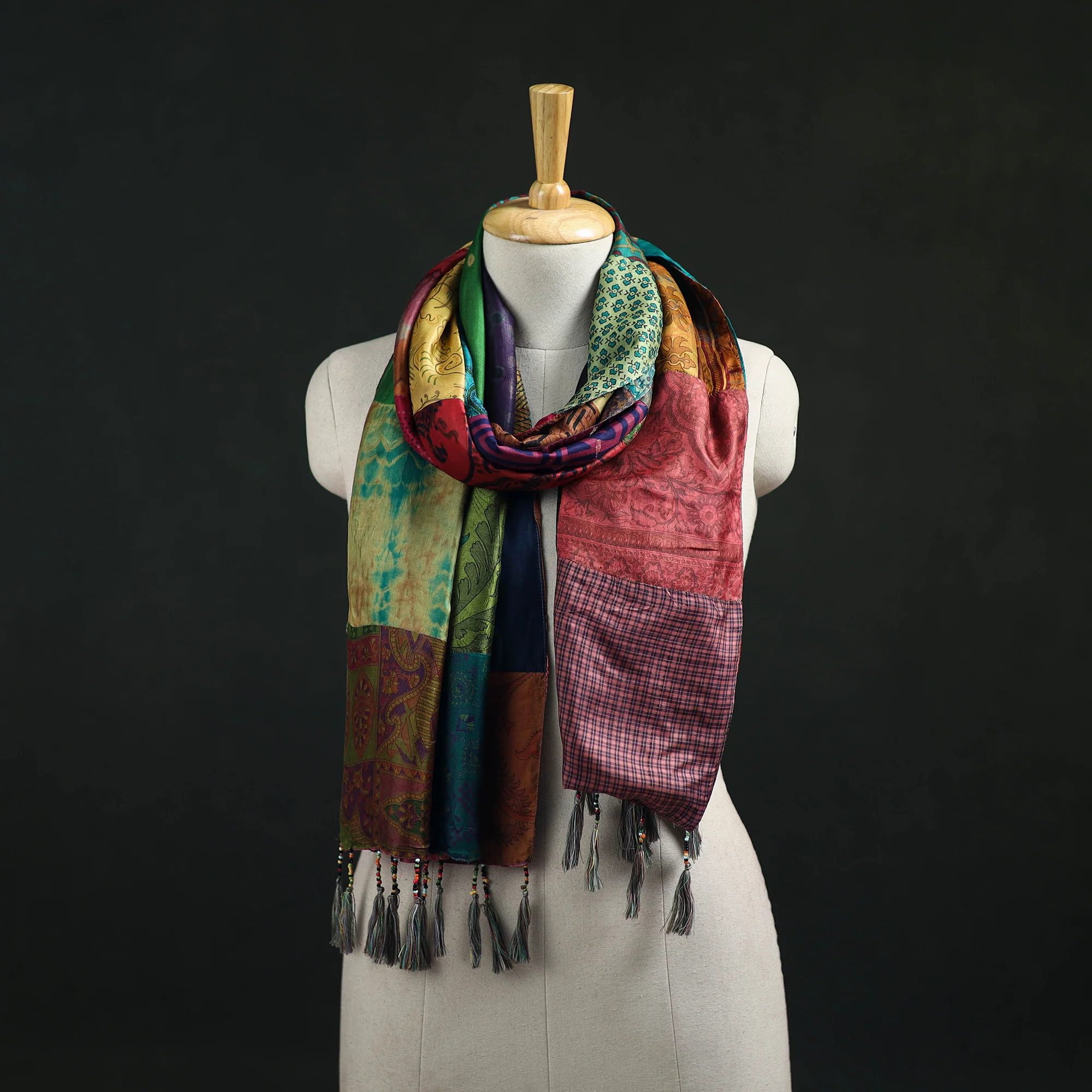 Multicolor - Pure Silk Reversible Patchwork Stole with Tassels 31