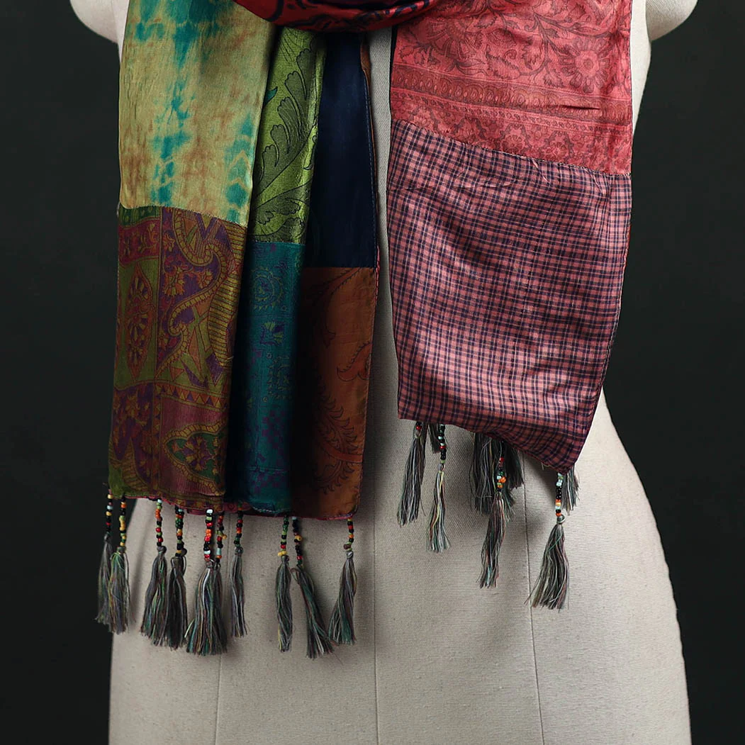 Multicolor - Pure Silk Reversible Patchwork Stole with Tassels 31 - Image 2