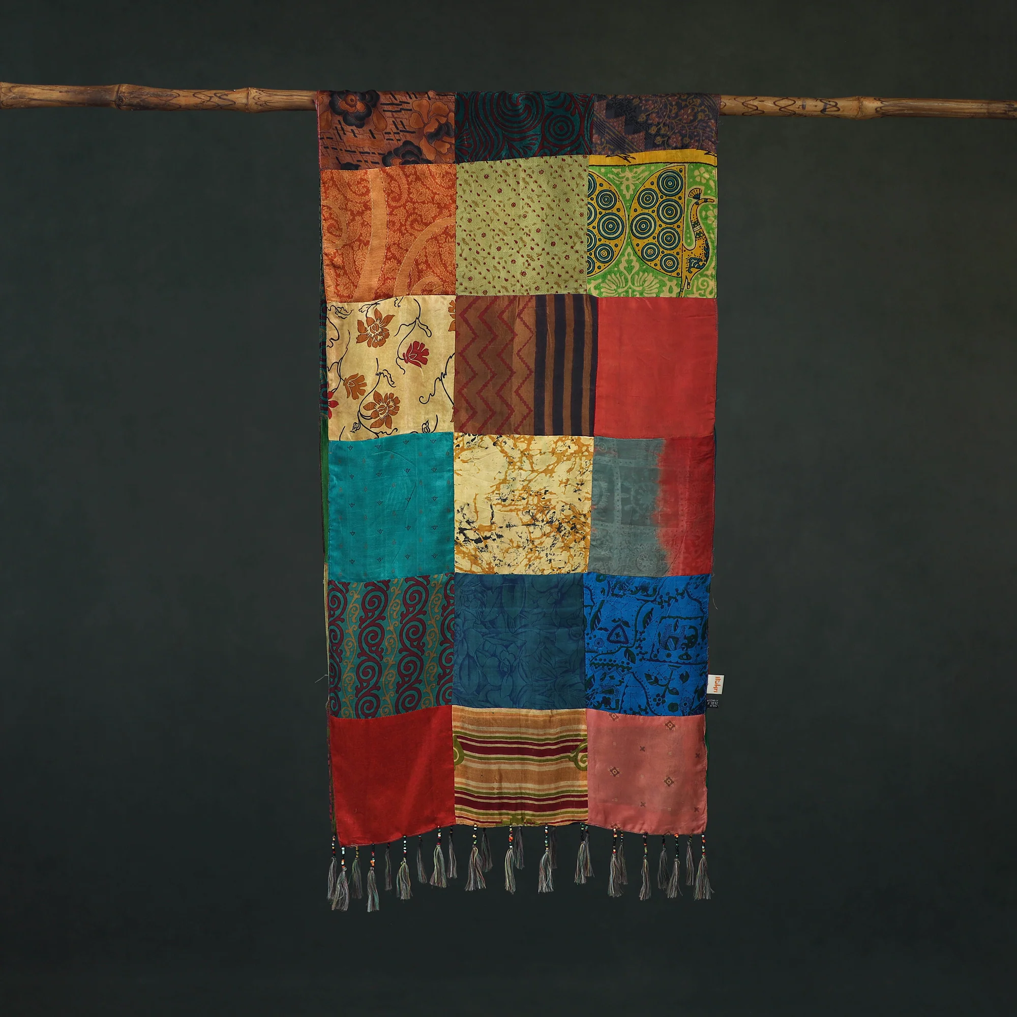 Multicolor - Pure Silk Reversible Patchwork Stole with Tassels 31 - Image 3