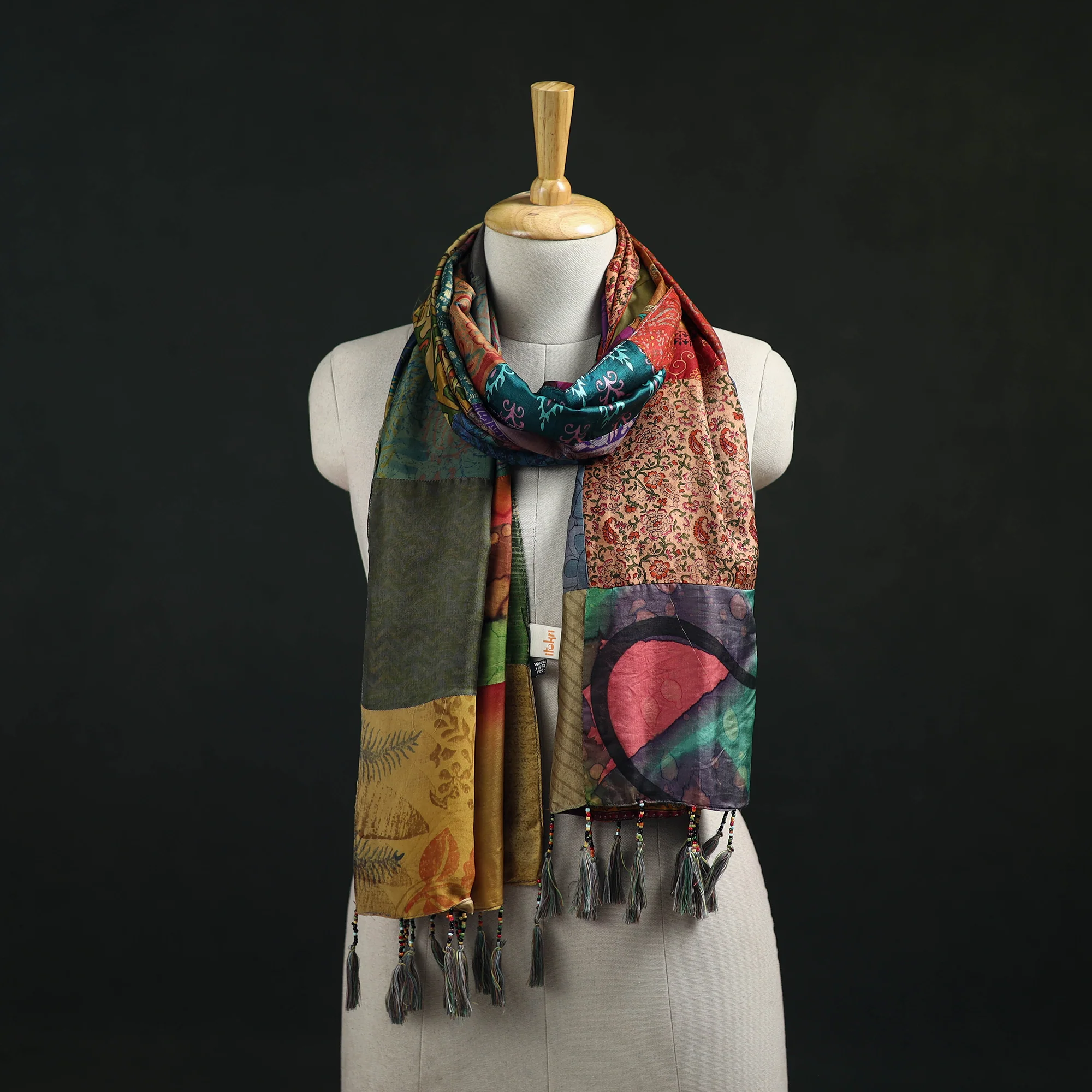 Multicolor - Pure Silk Reversible Patchwork Stole with Tassels 32