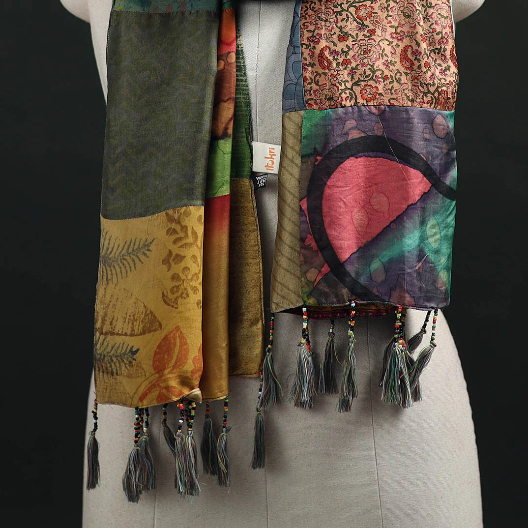Multicolor - Pure Silk Reversible Patchwork Stole with Tassels 32 - Image 2