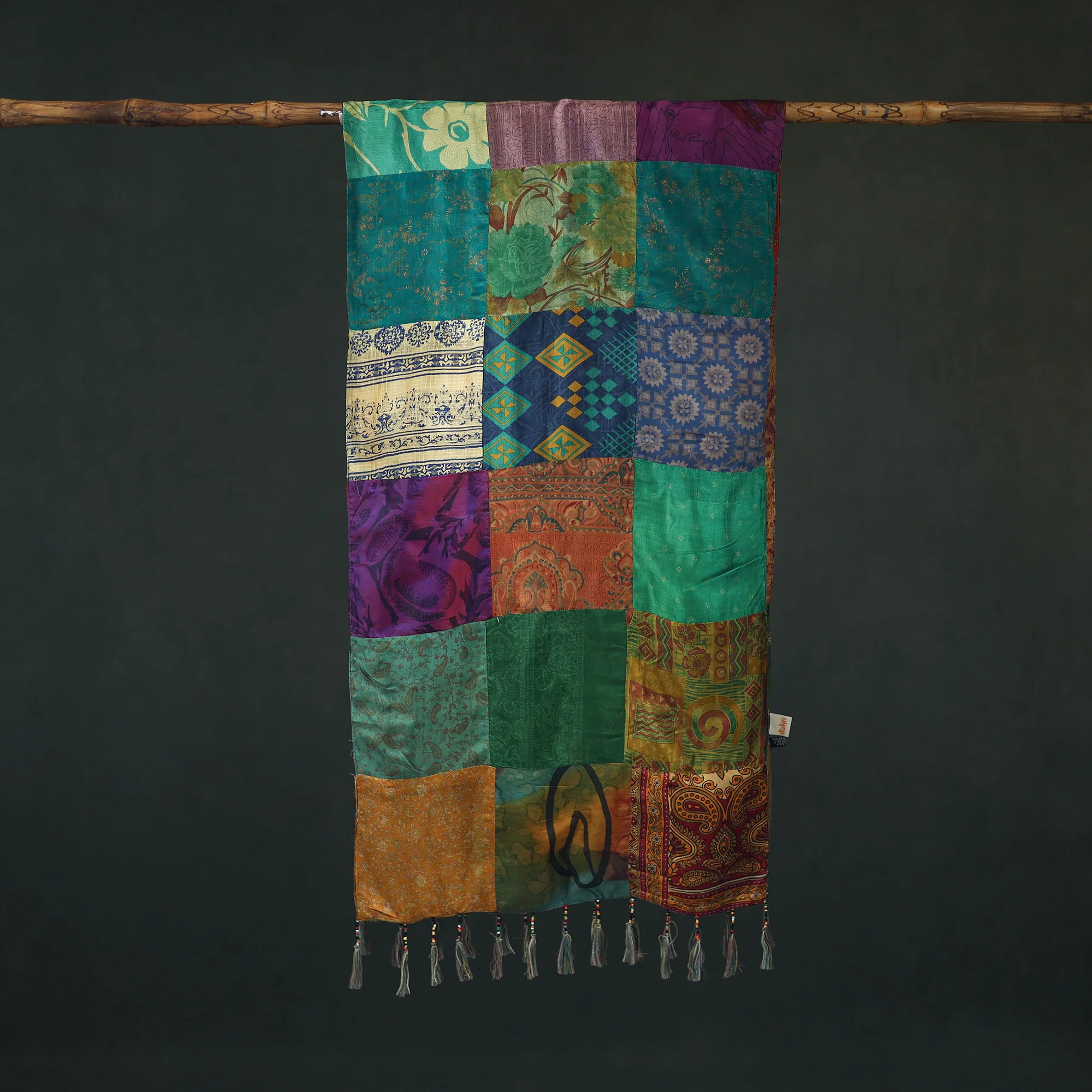Multicolor - Pure Silk Reversible Patchwork Stole with Tassels 32 - Image 3