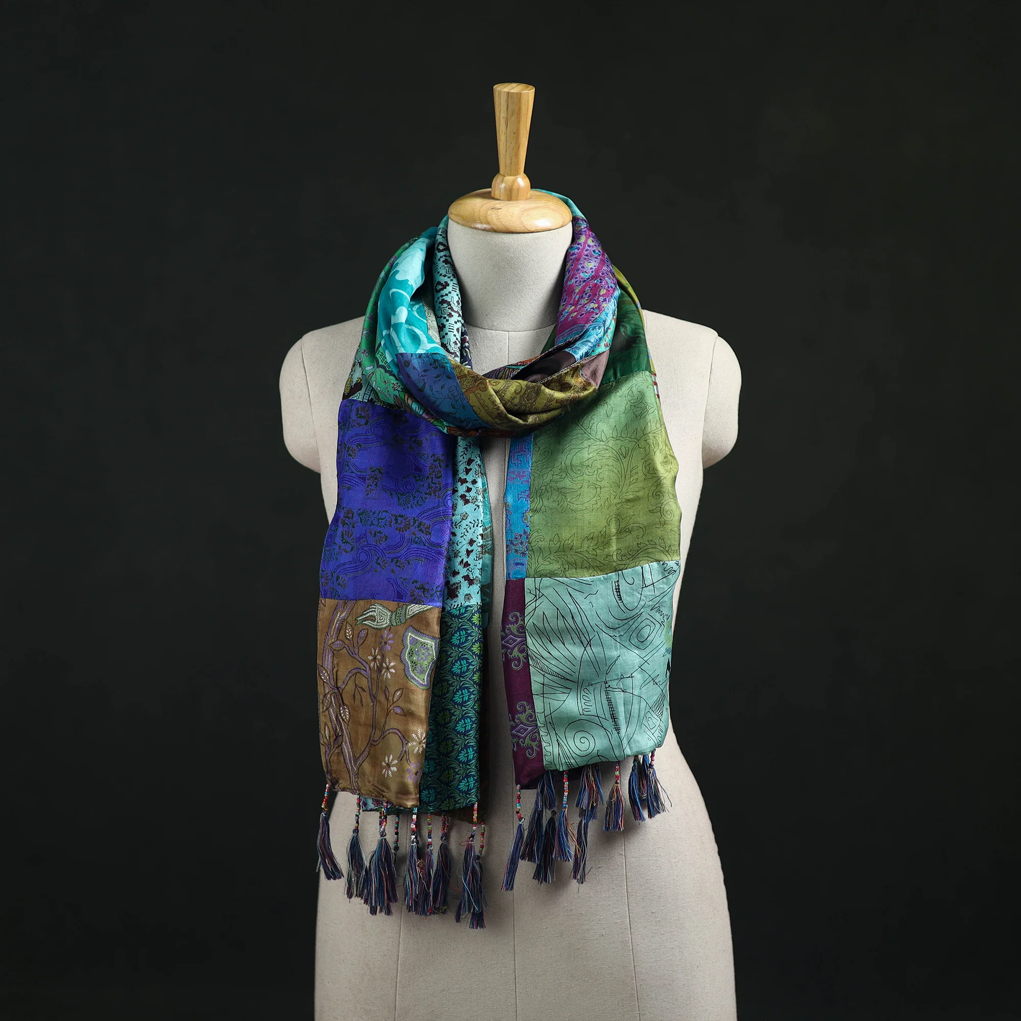 Multicolor - Pure Silk Reversible Patchwork Stole with Tassels 33