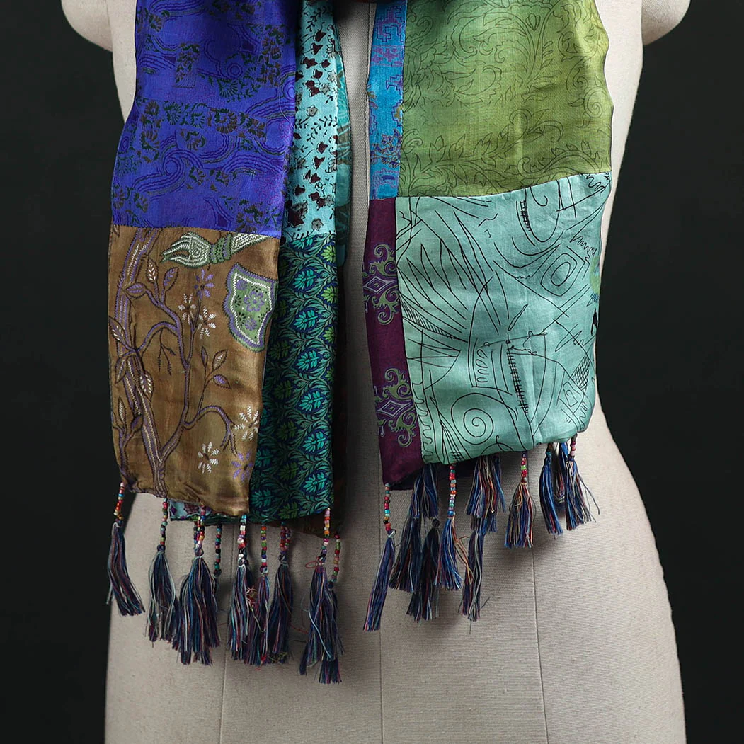 Multicolor - Pure Silk Reversible Patchwork Stole with Tassels 33 - Image 2