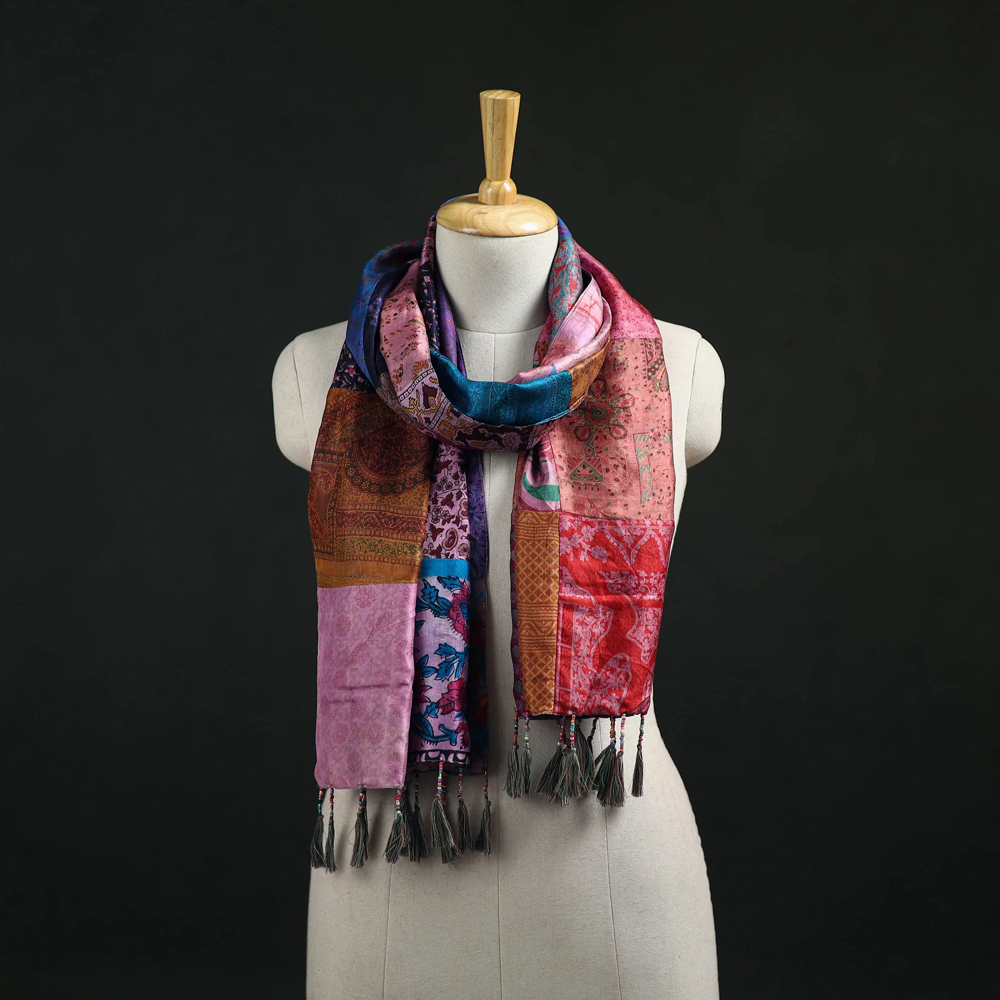 Multicolor - Pure Silk Reversible Patchwork Stole with Tassels 36