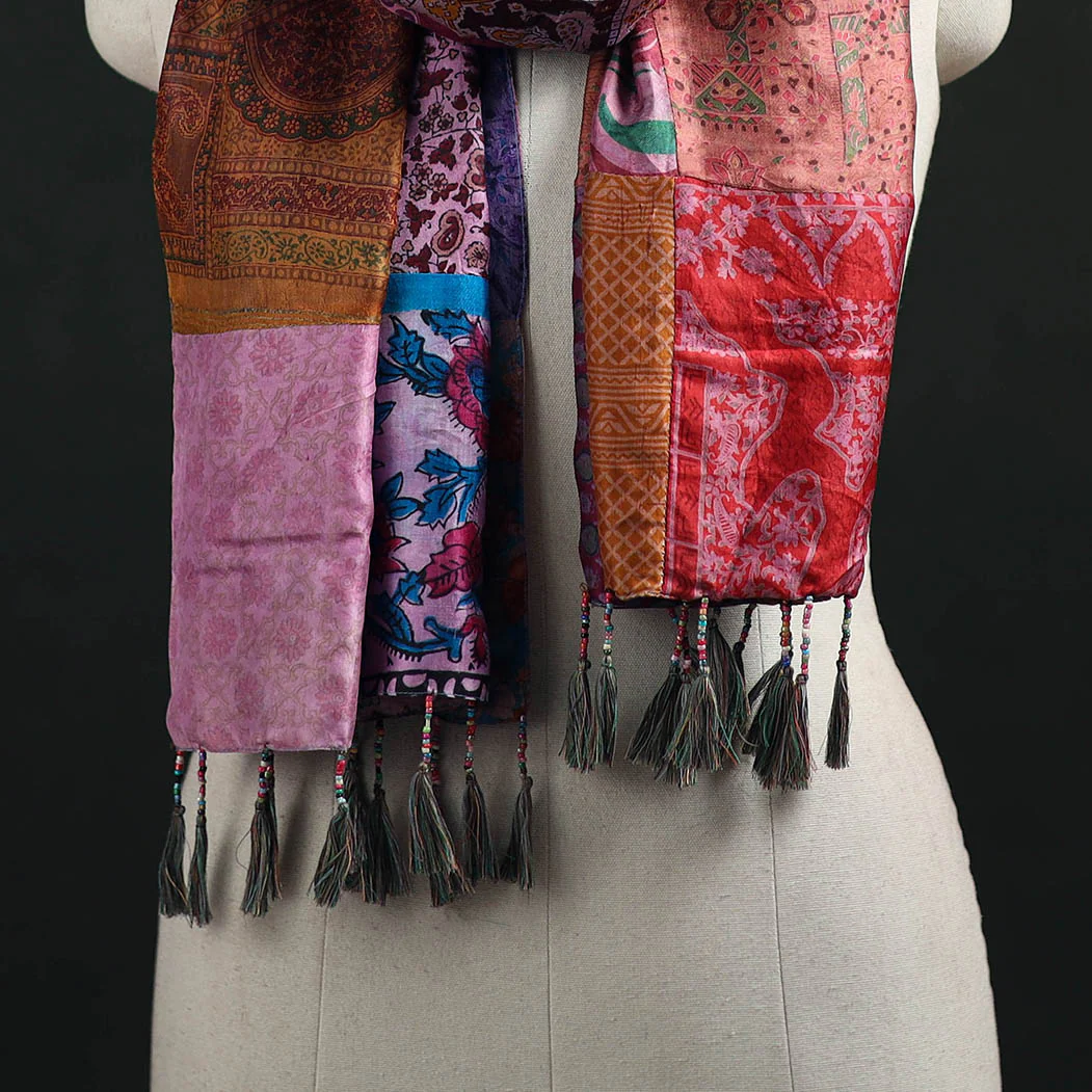 Multicolor - Pure Silk Reversible Patchwork Stole with Tassels 36 - Image 2