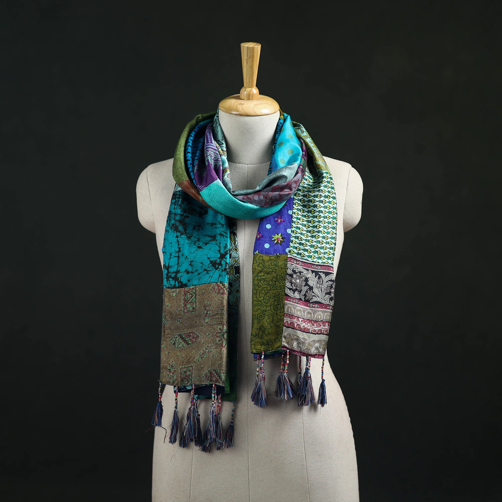 Multicolor - Pure Silk Reversible Patchwork Stole with Tassels 37