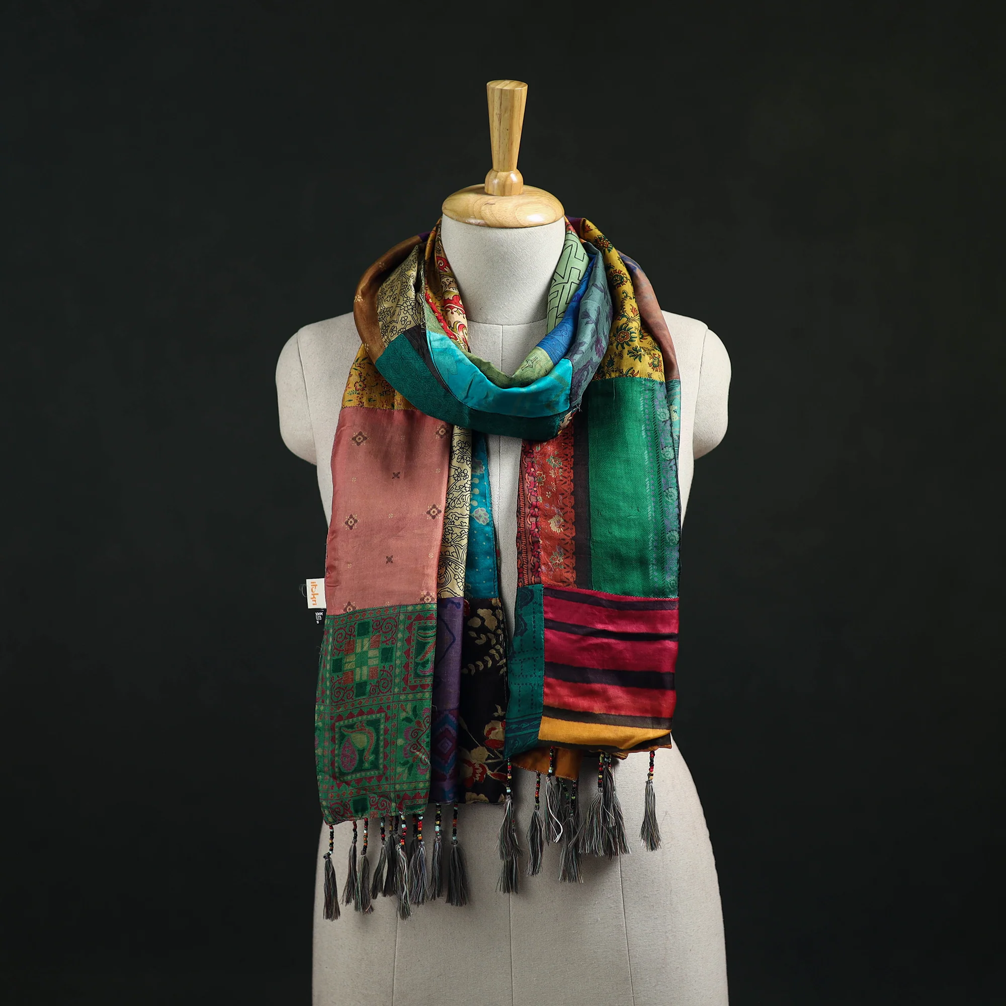 Multicolor - Pure Silk Reversible Patchwork Stole with Tassels 40