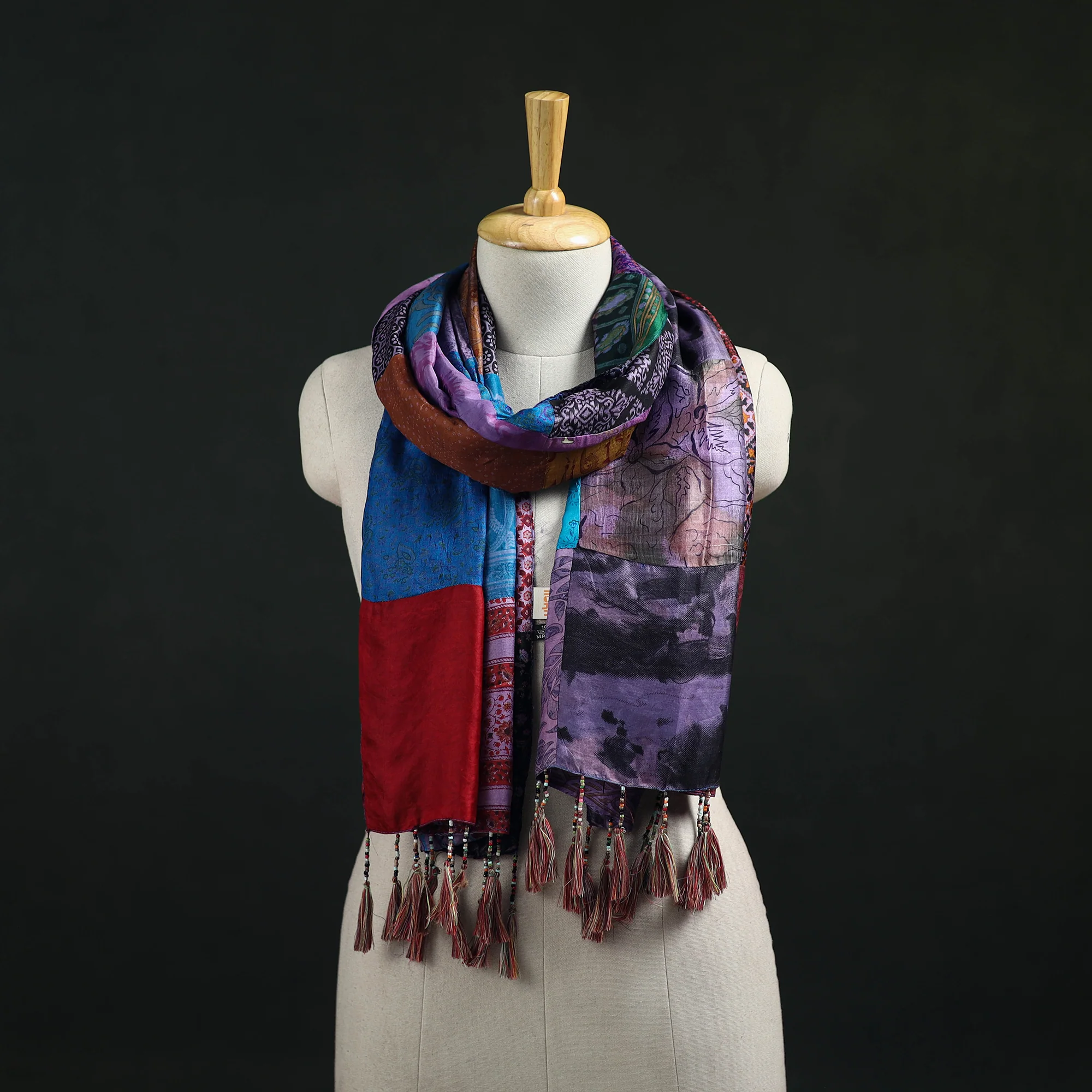 Multicolor - Pure Silk Reversible Patchwork Stole with Tassels 43