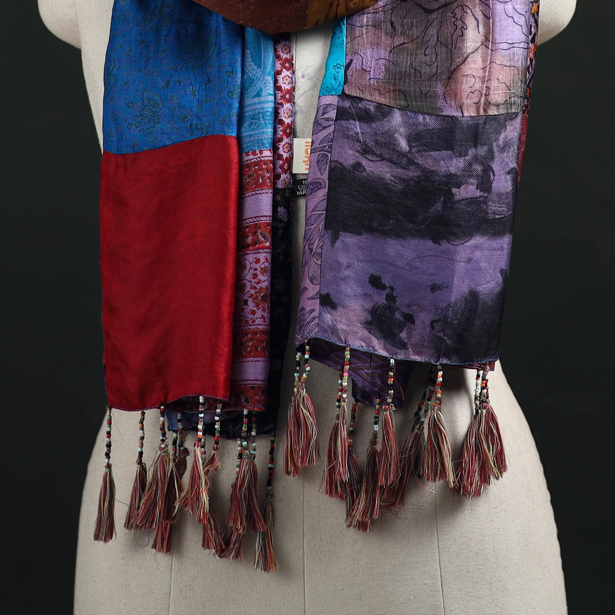 Multicolor - Pure Silk Reversible Patchwork Stole with Tassels 43 - Image 2
