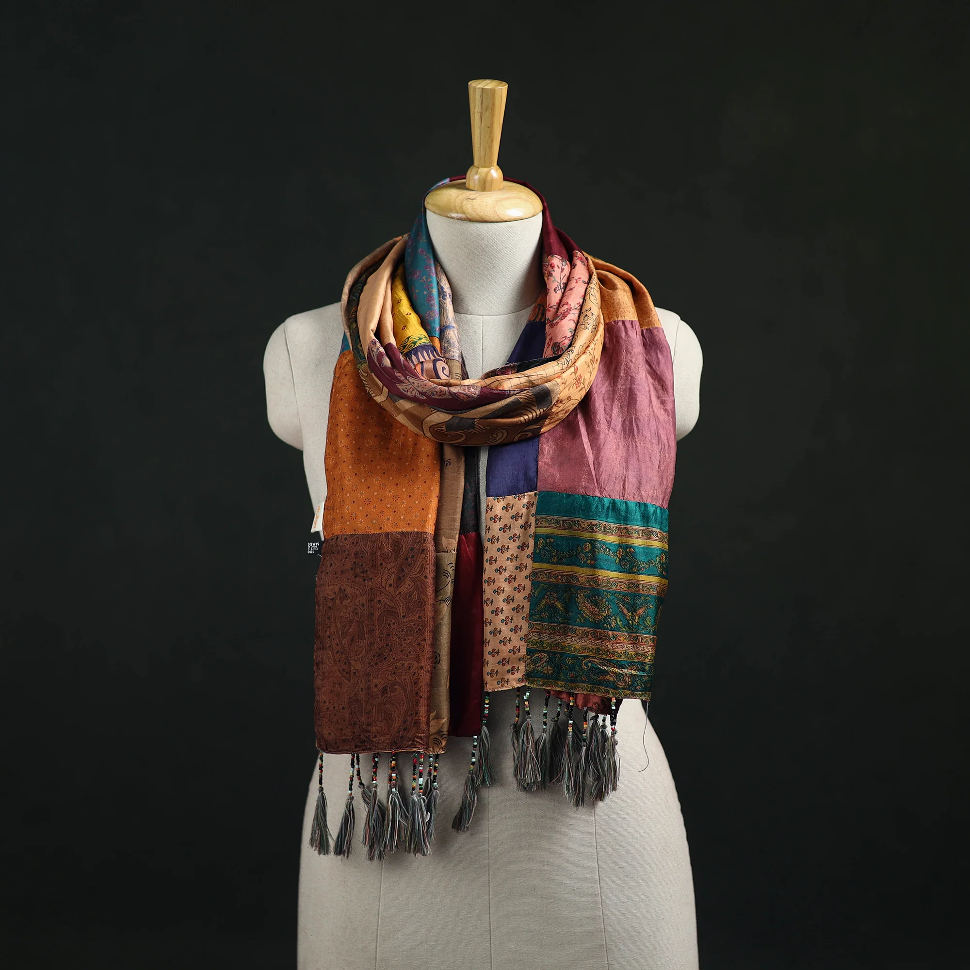 Multicolor - Pure Silk Reversible Patchwork Stole with Tassels 45