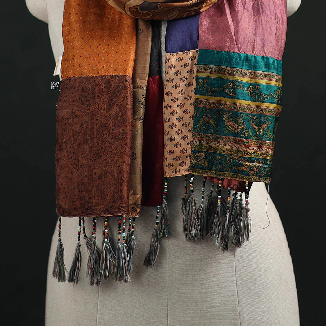 Multicolor - Pure Silk Reversible Patchwork Stole with Tassels 45 - Image 2