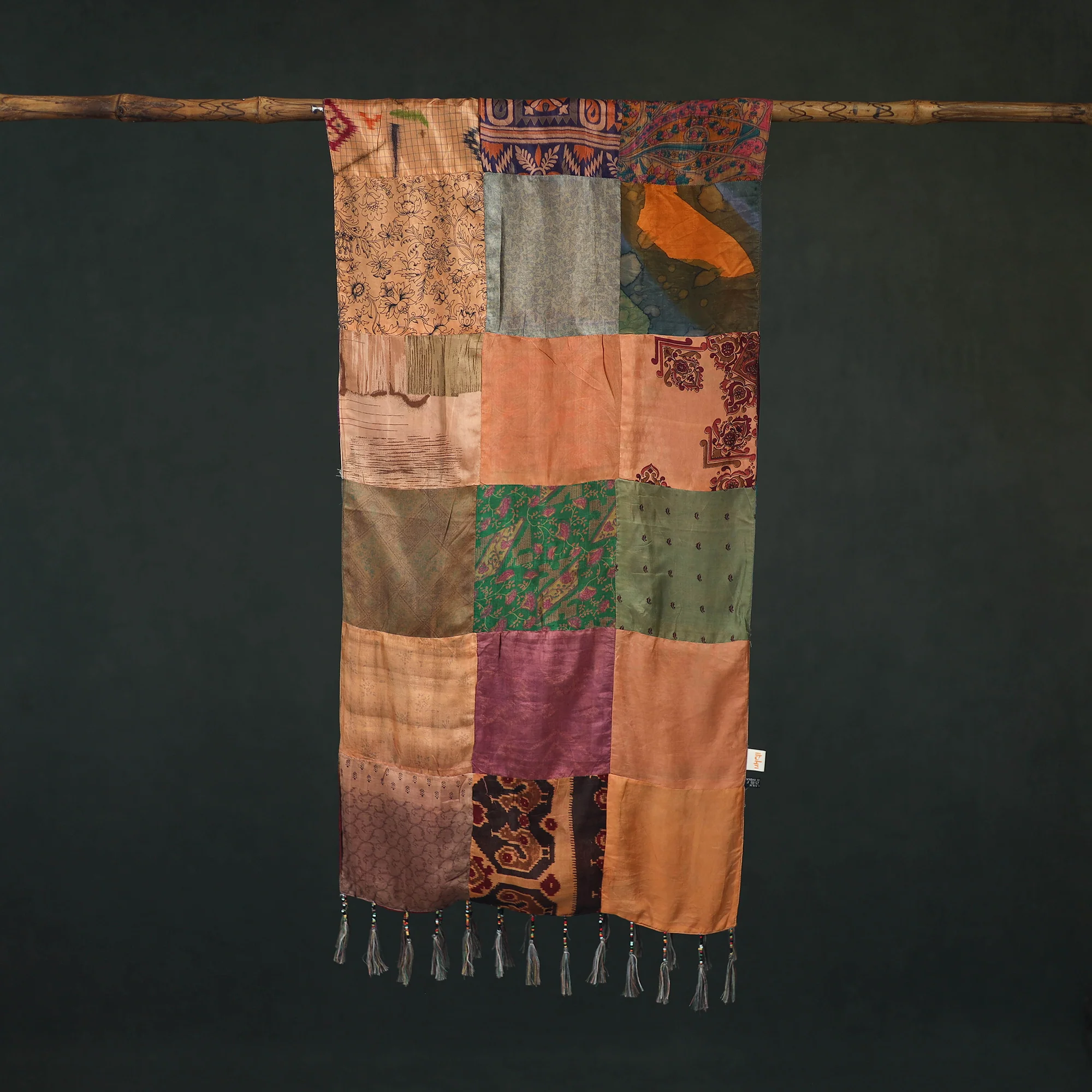 Multicolor - Pure Silk Reversible Patchwork Stole with Tassels 45 - Image 3