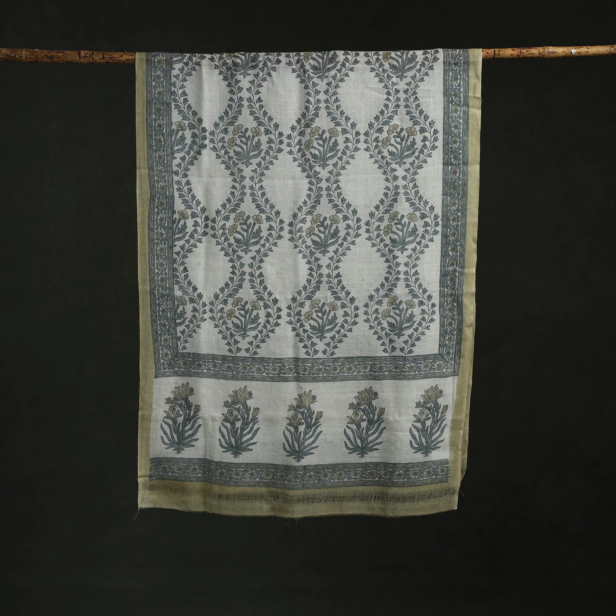 White - Pure Wool Hand Block Print Sanganeri Stole 06 - Image 3