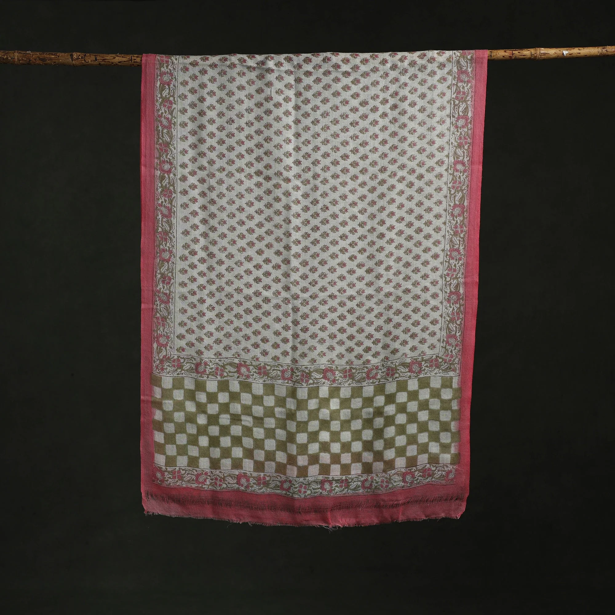 Pink - Pure Wool Hand Block Print Sanganeri Stole 07 - Image 3