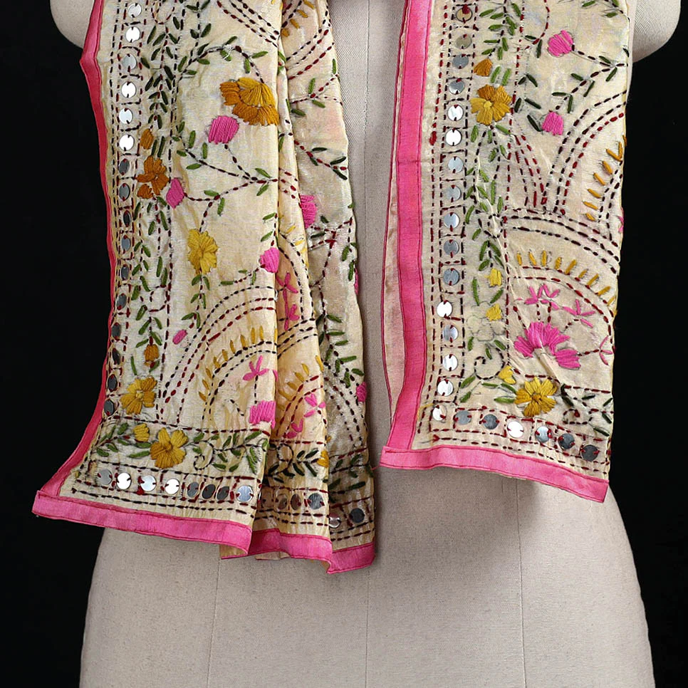 Beige - Ranihati Chanderi Silk Hand Embroidered Stole 02 - Image 2