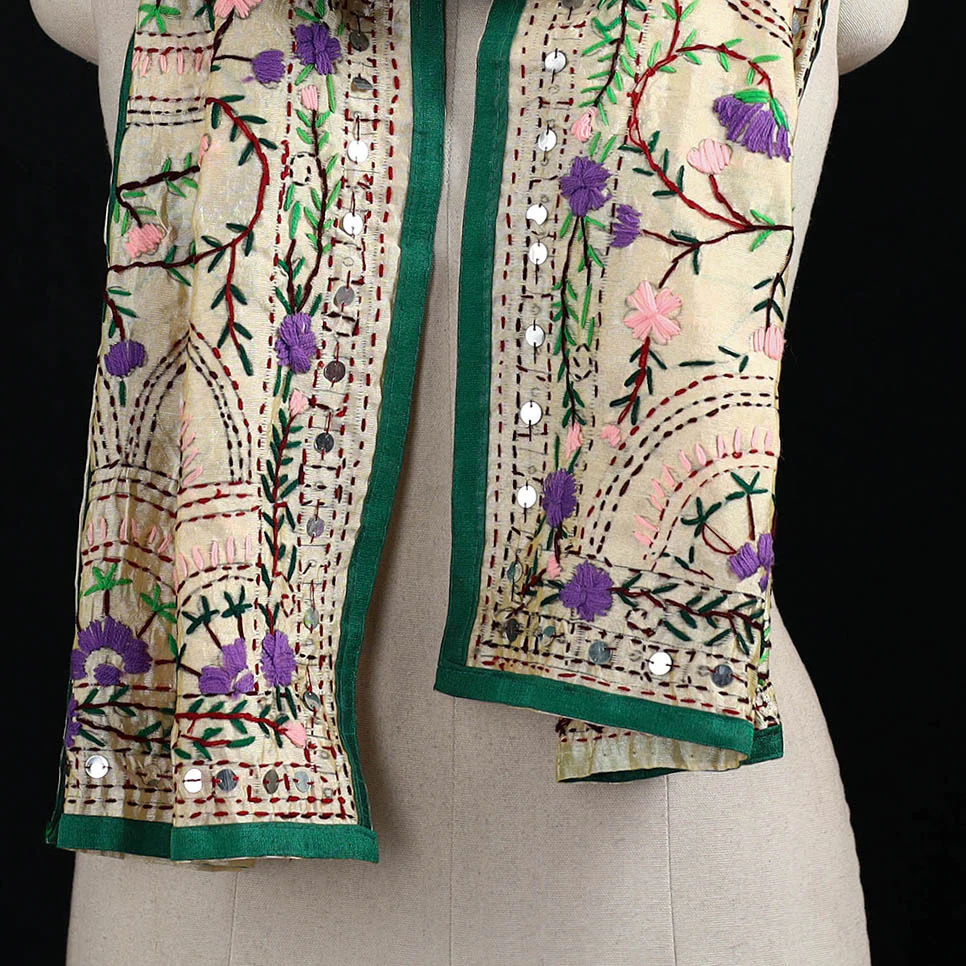 Beige - Ranihati Chanderi Silk Hand Embroidered Stole 100 - Image 2