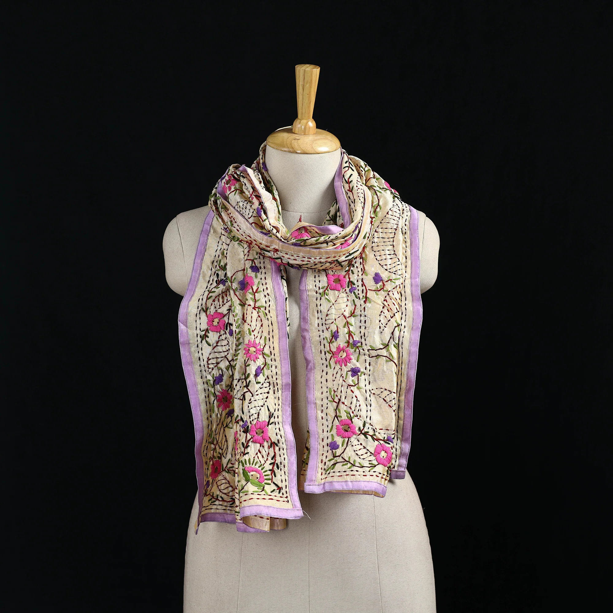 Beige - Ranihati Chanderi Silk Hand Embroidered Stole 111