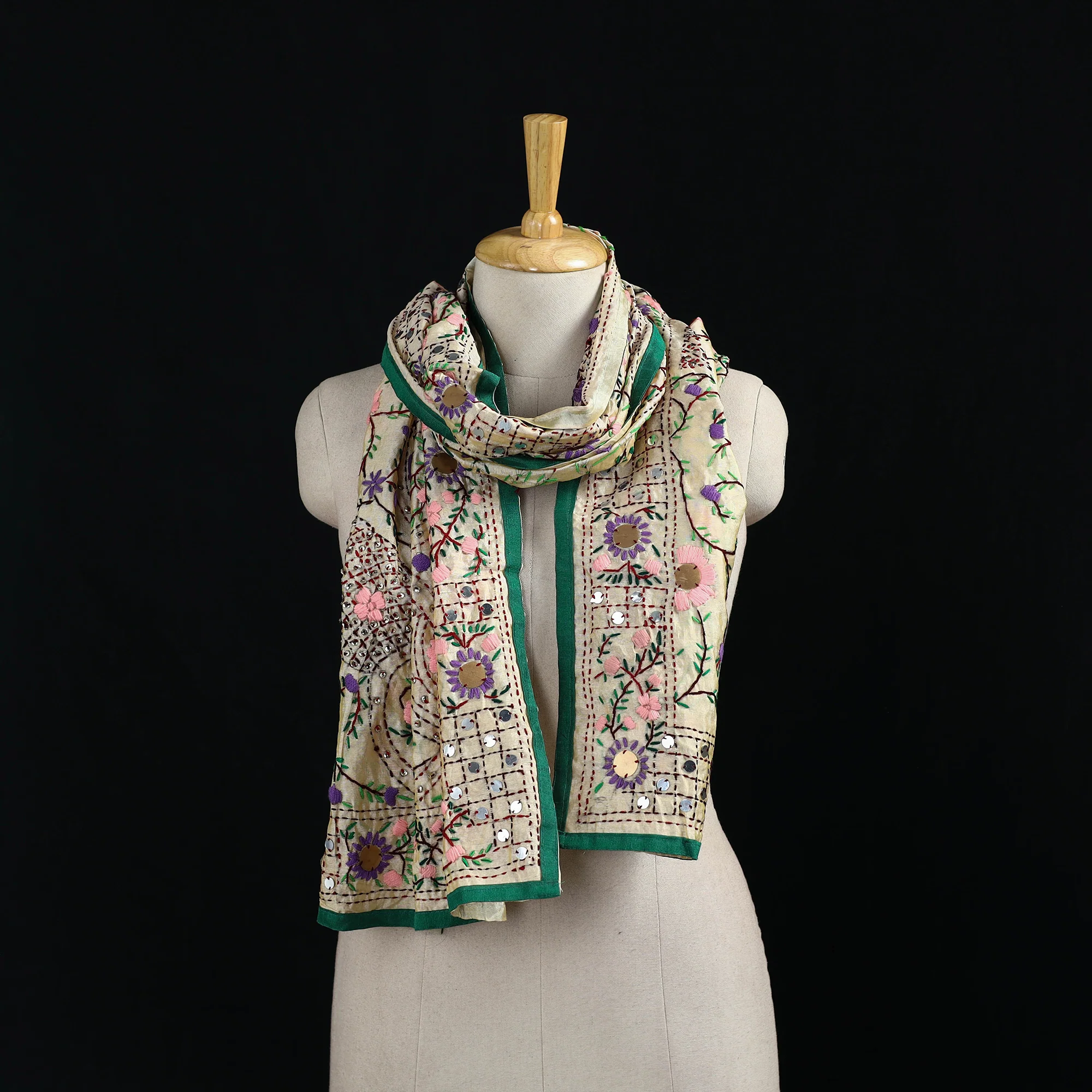 Beige - Ranihati Chanderi Silk Hand Embroidered Stole 117