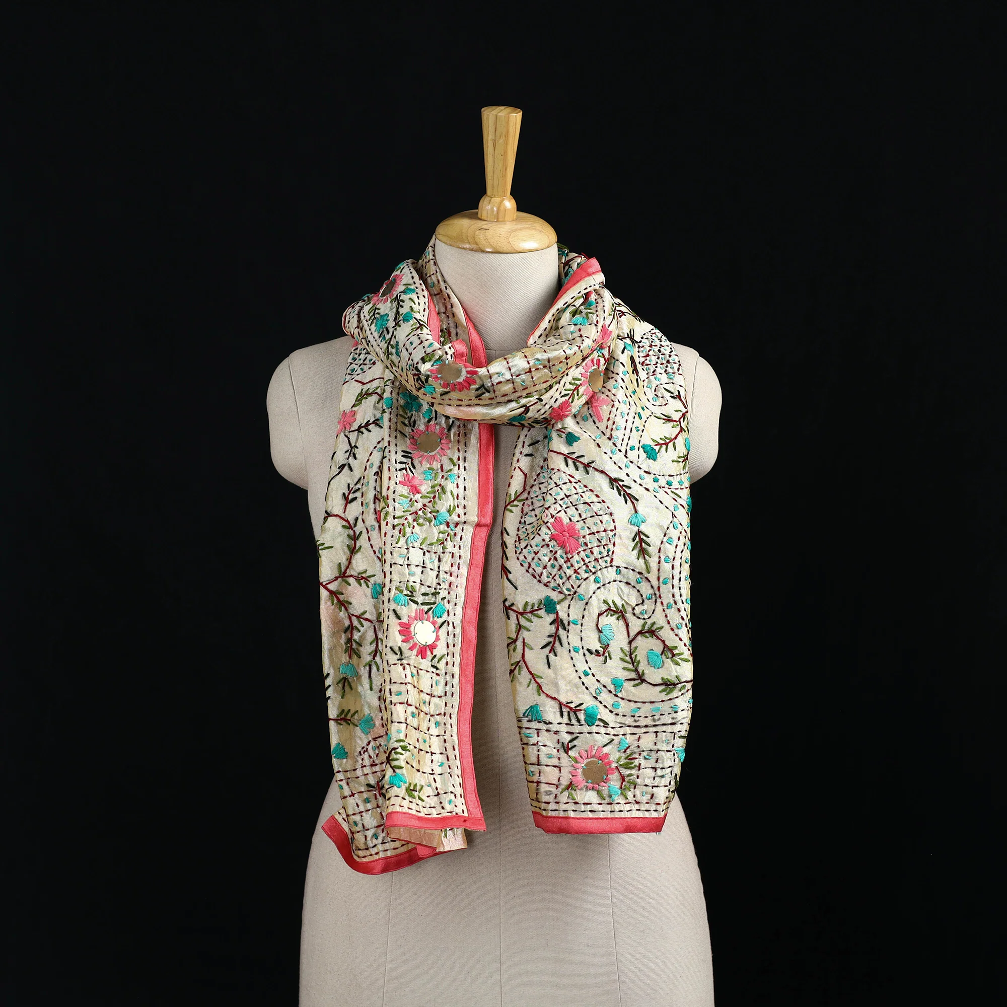 Beige - Ranihati Chanderi Silk Hand Embroidered Stole 118
