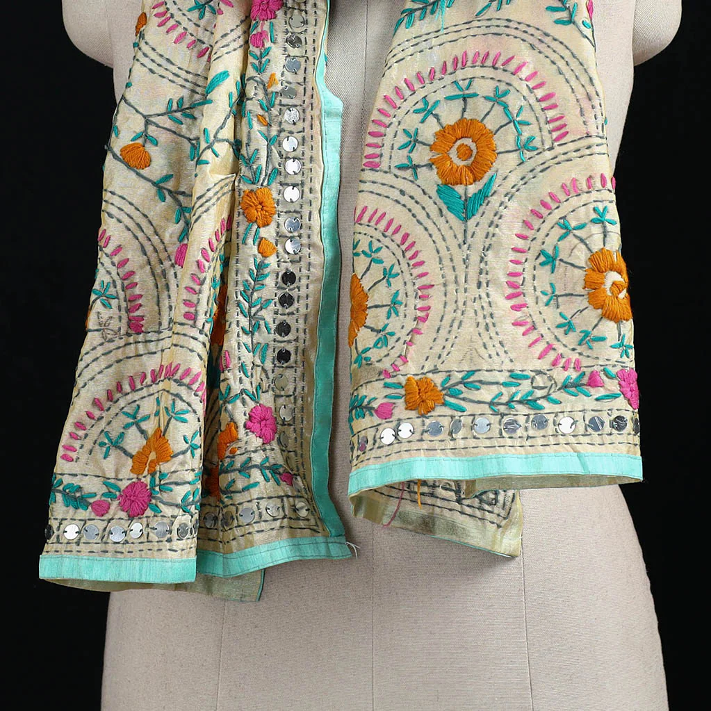 Beige - Ranihati Chanderi Silk Hand Embroidered Stole 126 - Image 2