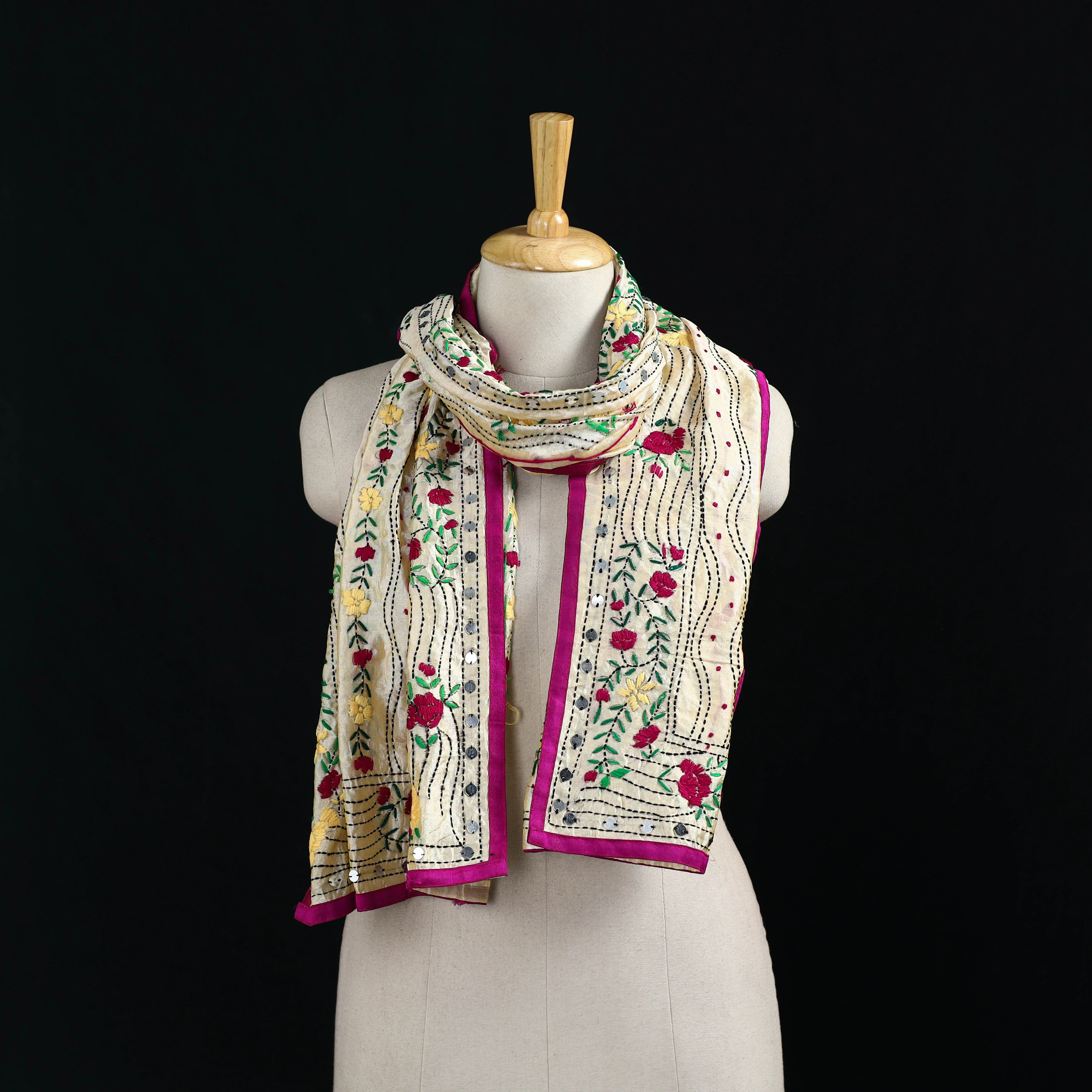 Beige - Ranihati Chanderi Silk Hand Embroidered Stole 128