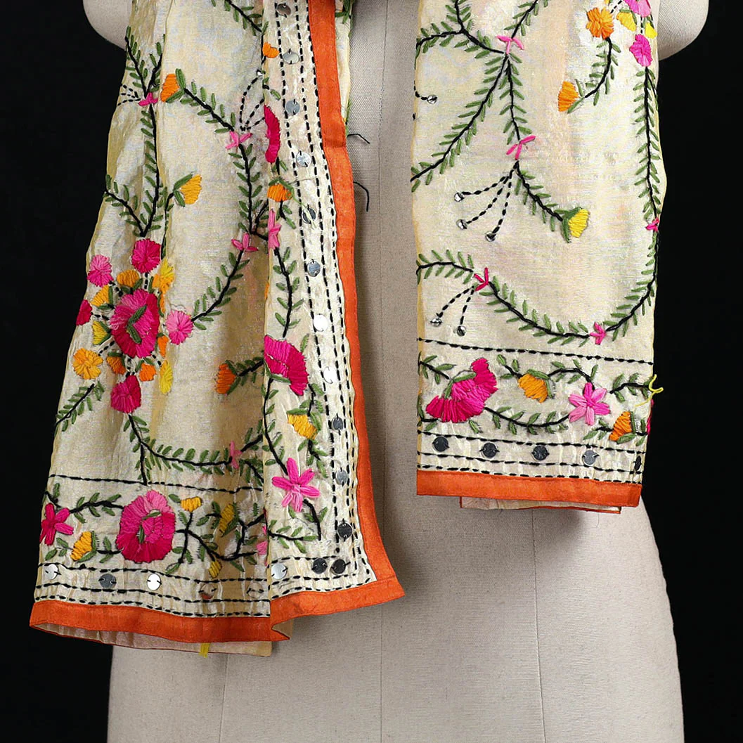 Beige - Ranihati Chanderi Silk Hand Embroidered Stole 129 - Image 2
