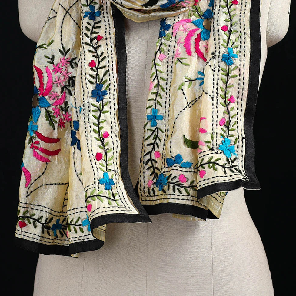 Beige - Ranihati Chanderi Silk Hand Embroidered Stole 132 - Image 2