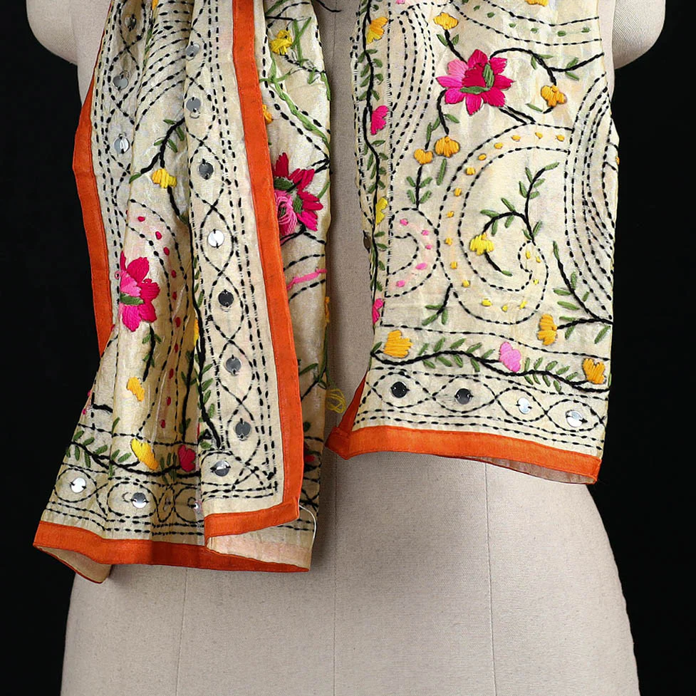 Beige - Ranihati Chanderi Silk Hand Embroidered Stole 134 - Image 2