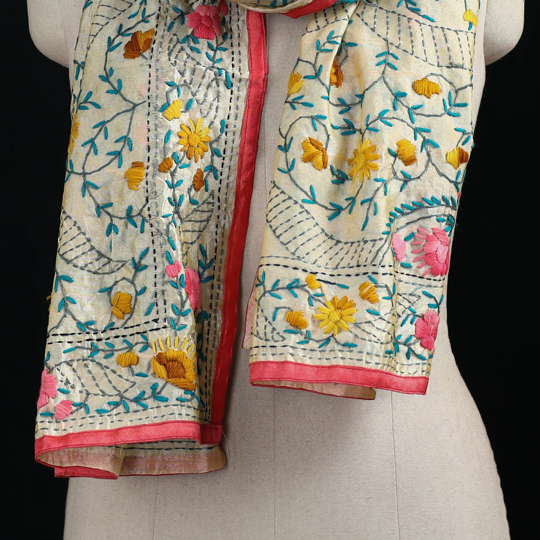 Beige - Ranihati Chanderi Silk Hand Embroidered Stole 144 - Image 2